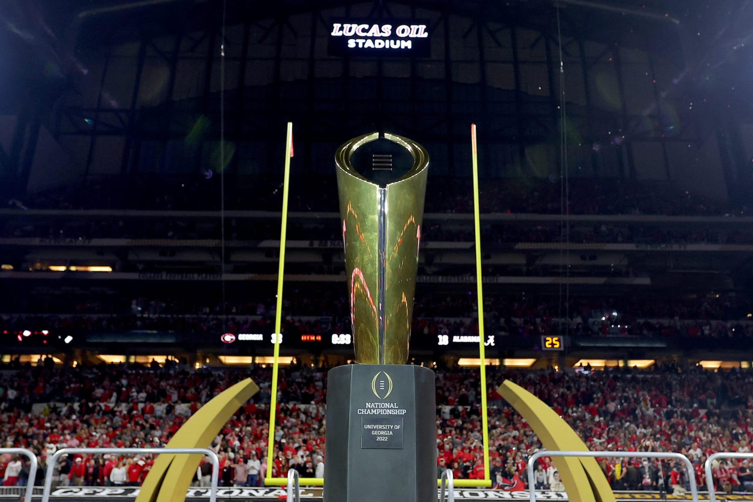 INDIANAPOLIS, INDIANA - JANUARY 10: The National Championship trophy is displayed after the Georgia Bulldogs defeated the Alabama Crimson Tide 33-18 in the 2022 CFP National Championship Game at Lucas Oil Stadium on January 10, 2022 in Indianapolis, Indiana. (Photo by Kevin C. Cox/Getty Images)