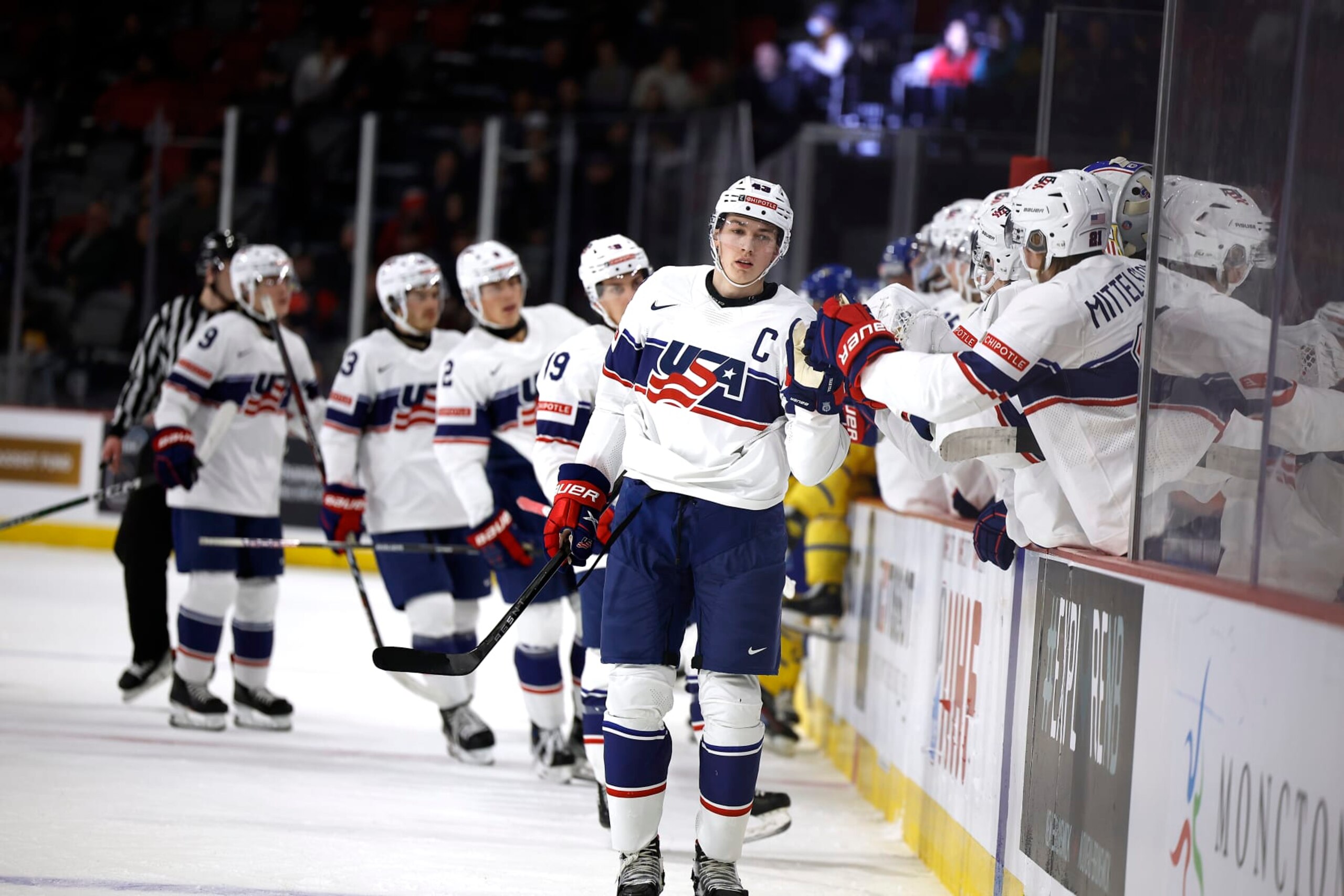 MONCTON, NB - DECEMBER 21: Luke Hughes#43 of Team USA celebrates with team on first goal against Sweden in the first period during the 2023 IIHF World Junior Championship game at Avenir Centre on December 21, 2022 in Moncton, Canada. (Photo by Dale Preston/Getty Images) MONCTON, NB - DECEMBER 21: Luke Hughes#43 of Team USA celebrates with team on first goal against Sweden in the first period during the 2023 IIHF World Junior Championship game at Avenir Centre on December 21, 2022 in Moncton, Canada. (Photo by Dale Preston/Getty Images)