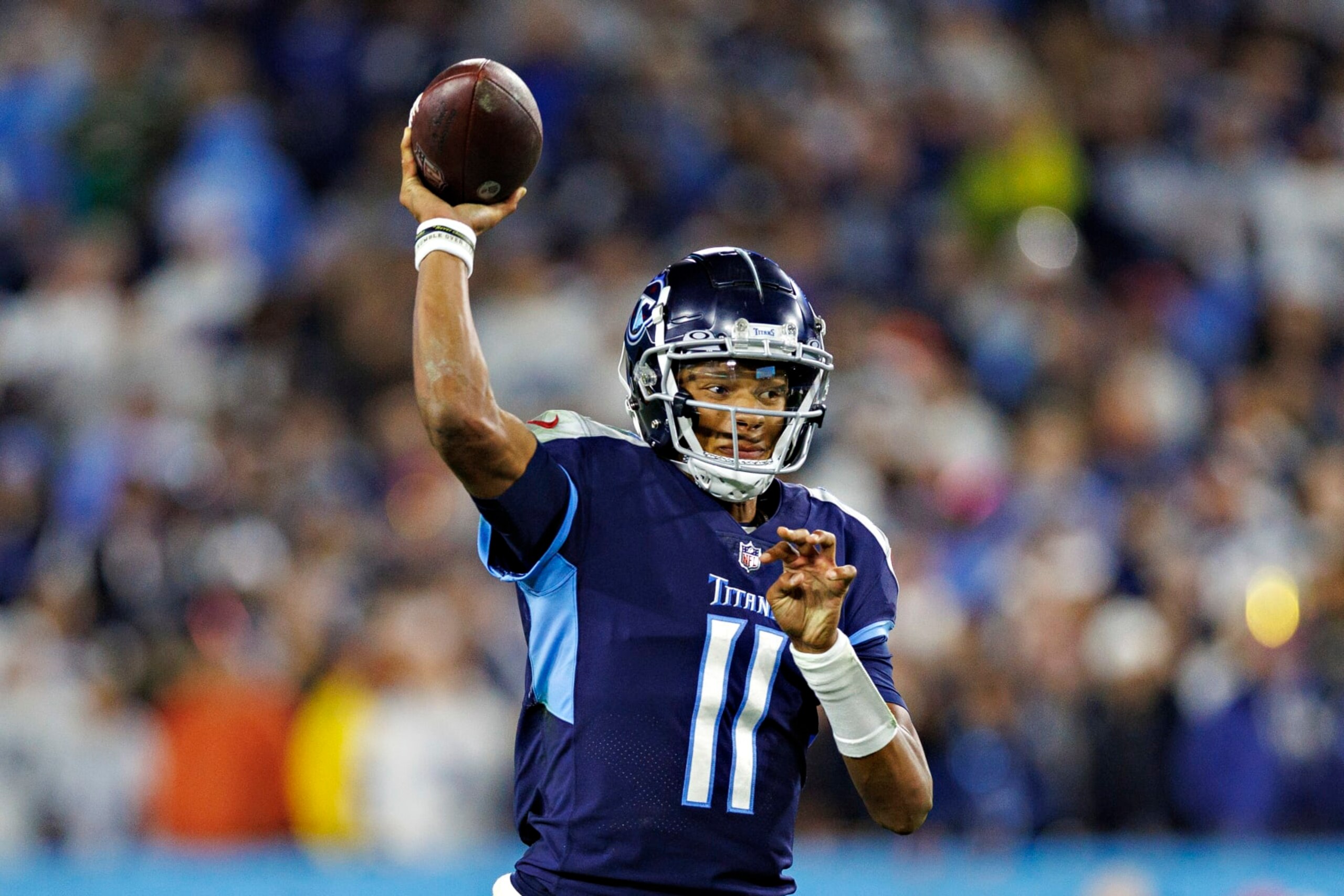 NASHVILLE, TENNESSEE - DECEMBER 29:  Joshua Dobbs #11 of the Tennessee Titans throws a pass during a game against the Dallas Cowboys at Nissan Stadium on December 29, 2022 in Nashville, Tennessee. The Cowboys defeated the Titans 27-13. (Photo by Wesley Hitt/Getty Images)