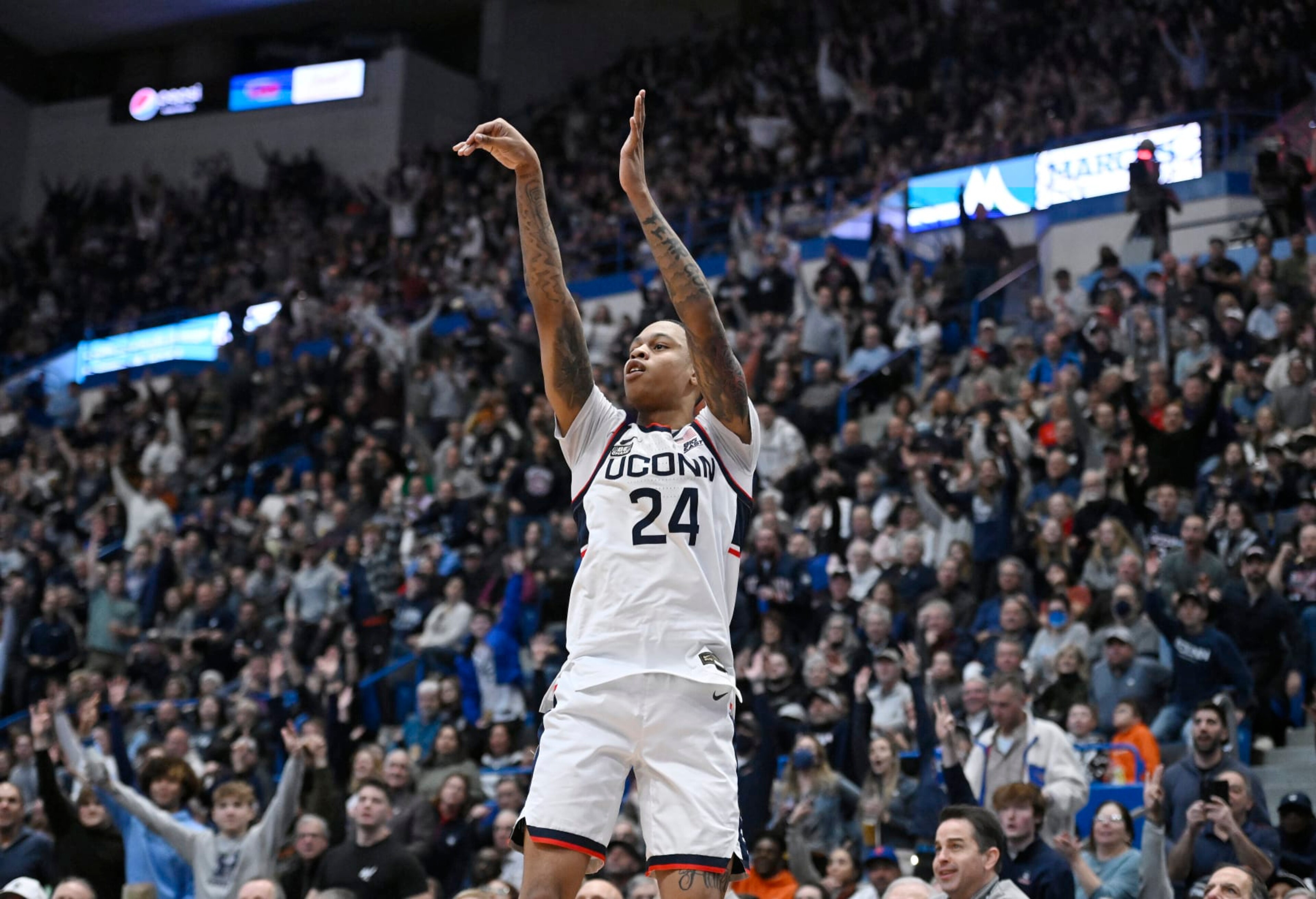 UConn's Jordan Hawkins (24) shoots in the second half of an NCAA college basketball game against Villanova, Wednesday, Dec. 28, 2022, in Hartford, Conn. (AP Photo/Jessica Hill) UConn's Jordan Hawkins (24) shoots in the second half of an NCAA college basketball game against Villanova, Wednesday, Dec. 28, 2022, in Hartford, Conn. (AP Photo/Jessica Hill)