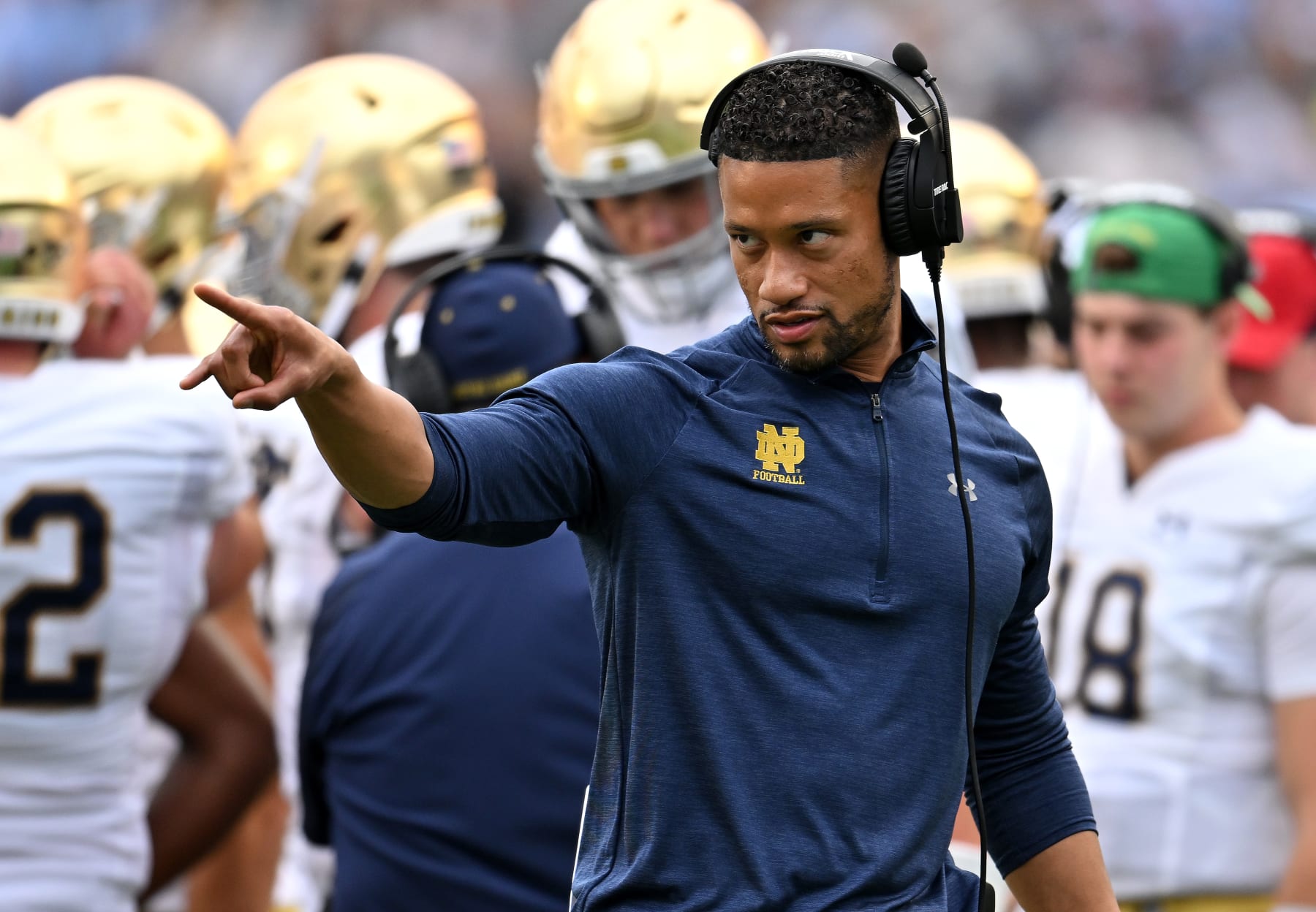 CHAPEL HILL, NORTH CAROLINA - SEPTEMBER 24: Head coach Marcus Freeman of the Notre Dame Fighting Irish directs his team against the North Carolina Tar Heels during their game at Kenan Memorial Stadium on September 24, 2022 in Chapel Hill, North Carolina. Notre Dame won 45-32. (Photo by Grant Halverson/Getty Images)