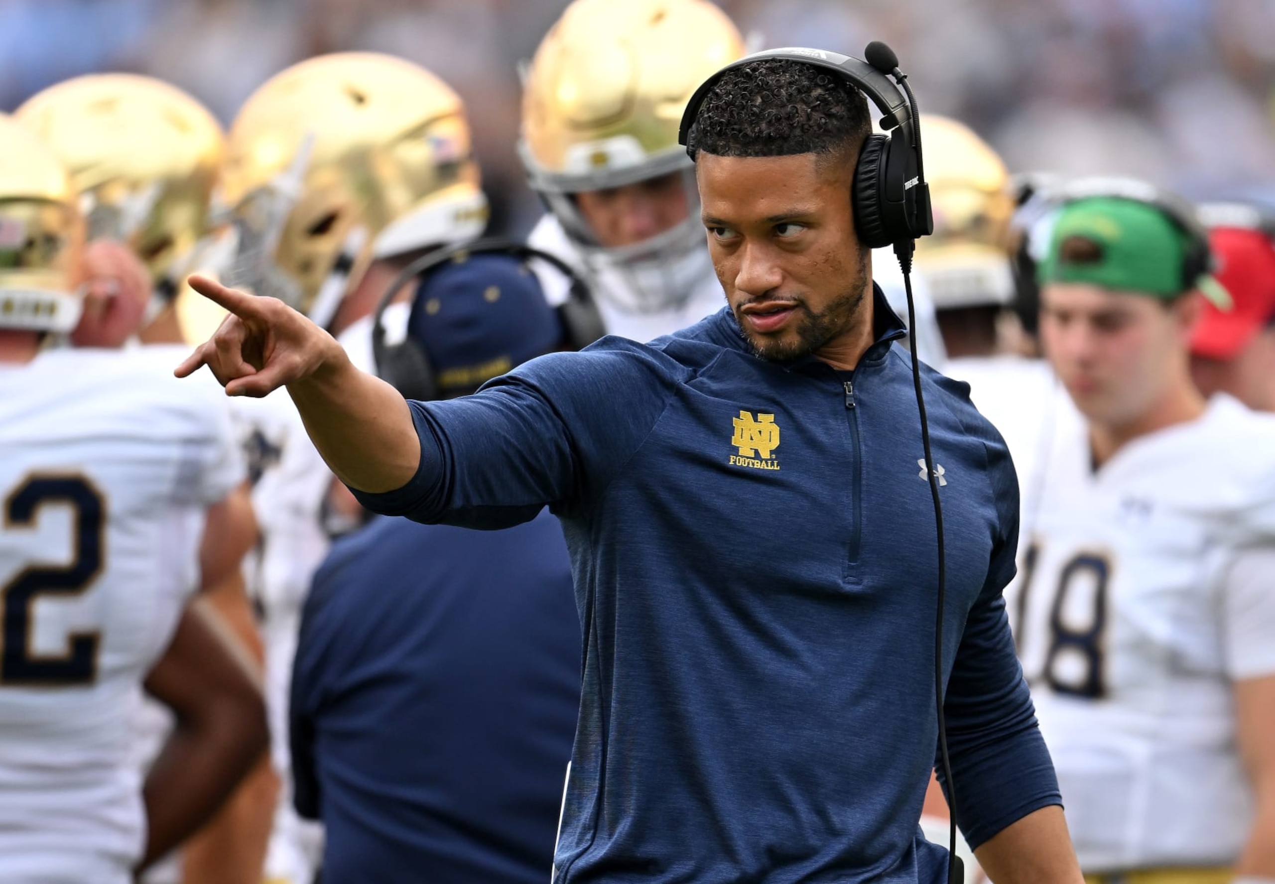 CHAPEL HILL, NORTH CAROLINA - SEPTEMBER 24: Head coach Marcus Freeman of the Notre Dame Fighting Irish directs his team against the North Carolina Tar Heels during their game at Kenan Memorial Stadium on September 24, 2022 in Chapel Hill, North Carolina. Notre Dame won 45-32. (Photo by Grant Halverson/Getty Images) CHAPEL HILL, NORTH CAROLINA - SEPTEMBER 24: Head coach Marcus Freeman of the Notre Dame Fighting Irish directs his team against the North Carolina Tar Heels during their game at Kenan Memorial Stadium on September 24, 2022 in Chapel Hill, North Carolina. Notre Dame won 45-32. (Photo by Grant Halverson/Getty Images)