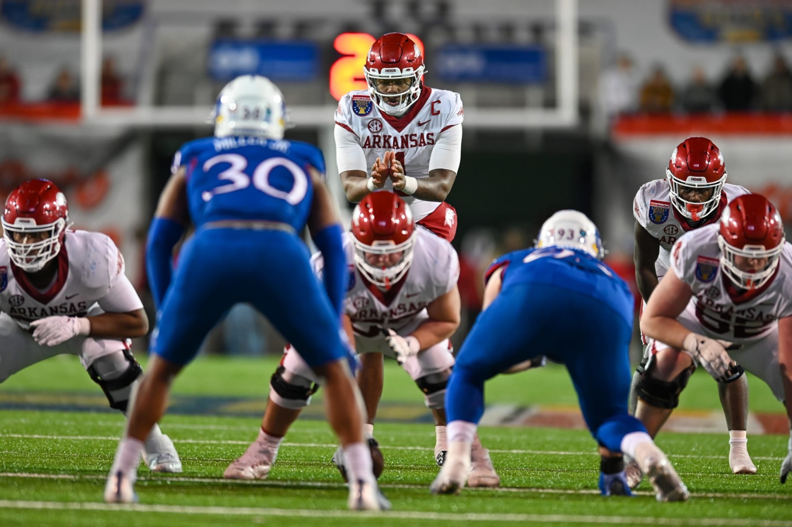MEMPHIS, TN - DECEMBER 28: Arkansas Razorbacks quarterback KJ Jefferson (1) during the AutoZone Liberty Bowl between the Kansas Jayhawks and the Arkansas Razorbacks on December 28, 2022 at the Simmons Bank Liberty Stadium in Memphis, TN. (Photo by Kevin Langley/Icon Sportswire via Getty Images) MEMPHIS, TN - DECEMBER 28: Arkansas Razorbacks quarterback KJ Jefferson (1) during the AutoZone Liberty Bowl between the Kansas Jayhawks and the Arkansas Razorbacks on December 28, 2022 at the Simmons Bank Liberty Stadium in Memphis, TN. (Photo by Kevin Langley/Icon Sportswire via Getty Images)