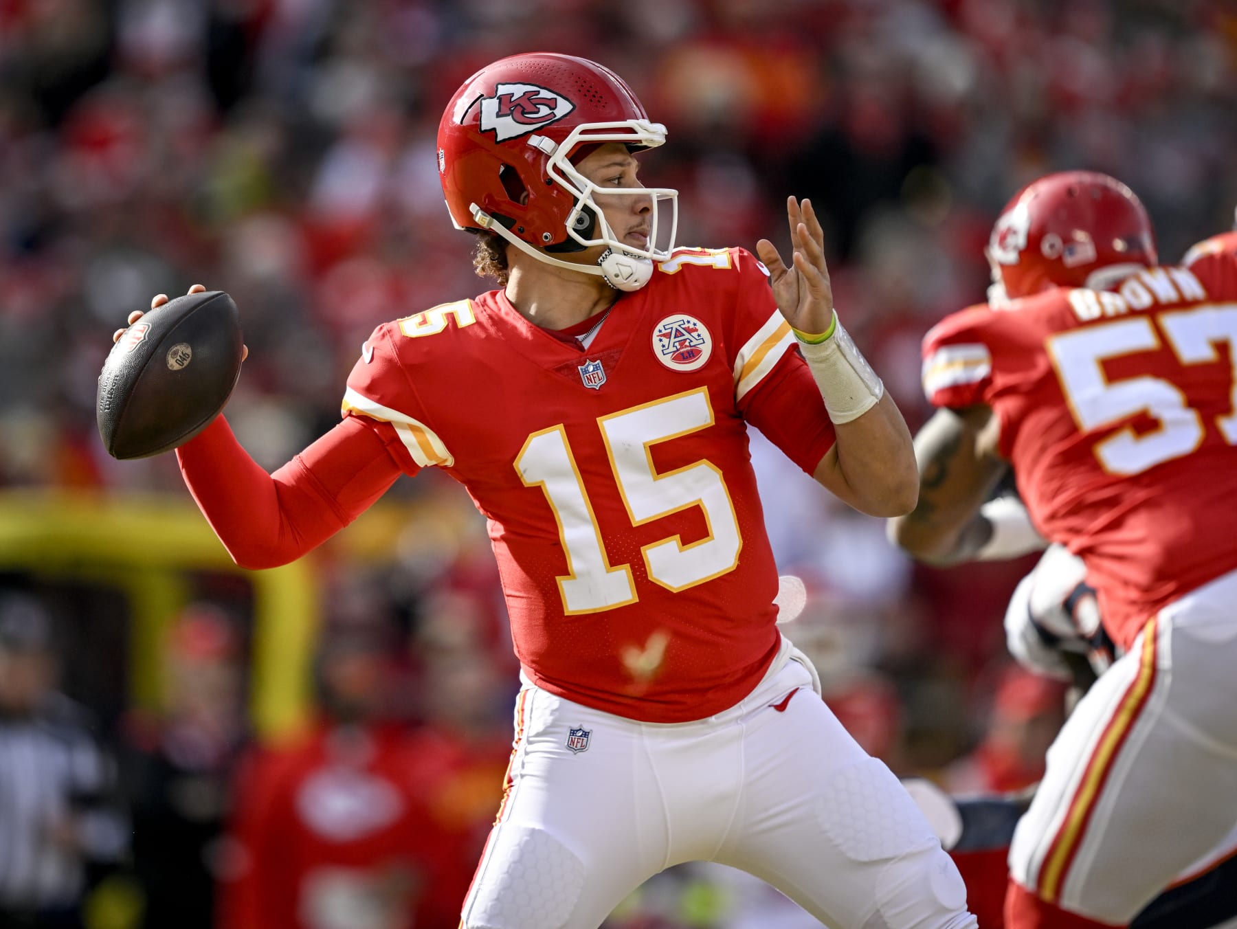 KANSAS CITY, MO - JANUARY 1: Patrick Mahomes (15) of the Kansas City Chiefs throws against the Denver Broncos during the second quarter at GEHA at Arrowhead Stadium on Sunday, January 1, 2023. (Photo by AAron Ontiveroz/MediaNews Group/The Denver Post via Getty Images)