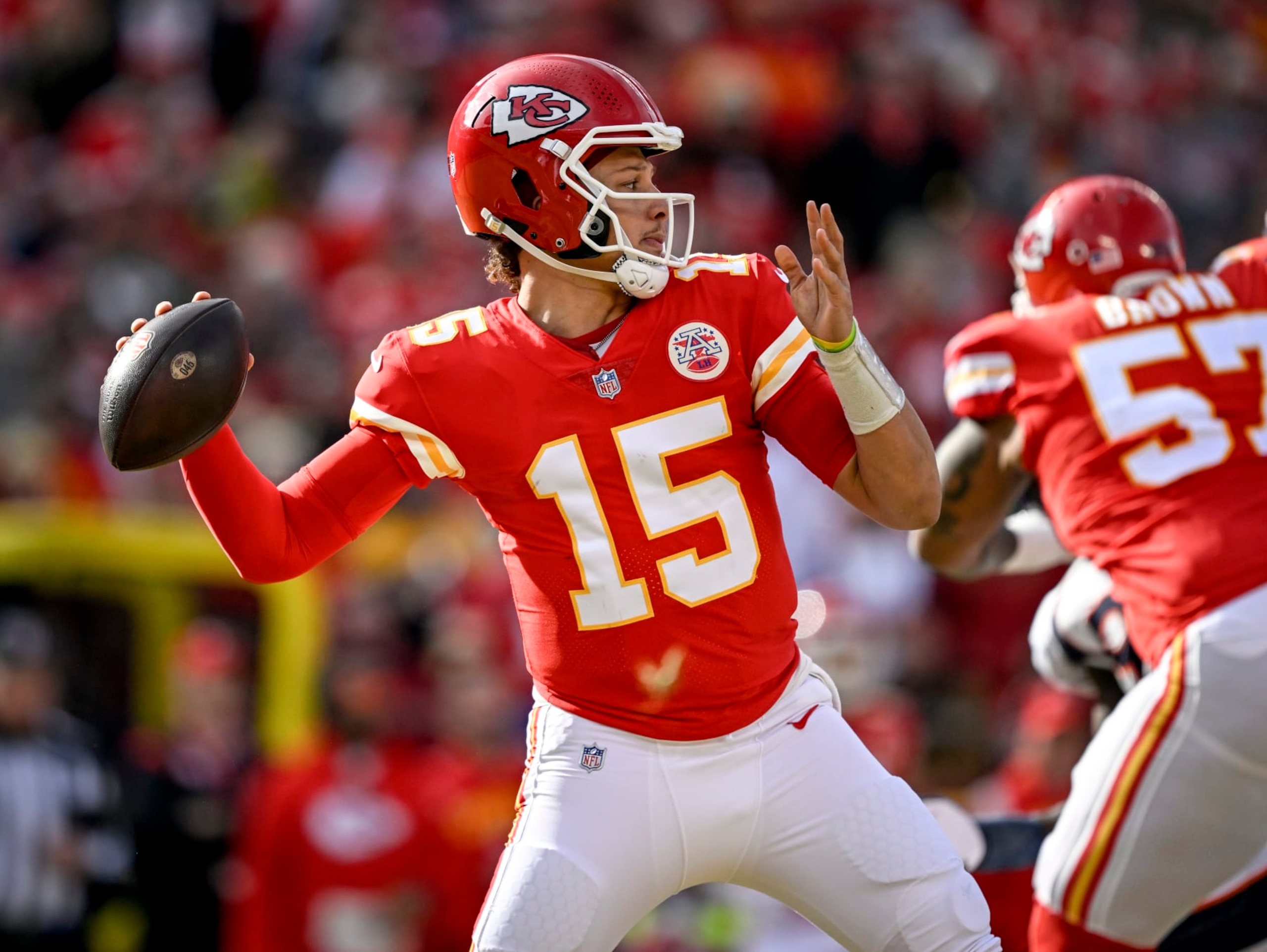 KANSAS CITY, MO - JANUARY 1: Patrick Mahomes (15) of the Kansas City Chiefs throws against the Denver Broncos during the second quarter at GEHA at Arrowhead Stadium on Sunday, January 1, 2023. (Photo by AAron Ontiveroz/MediaNews Group/The Denver Post via Getty Images)