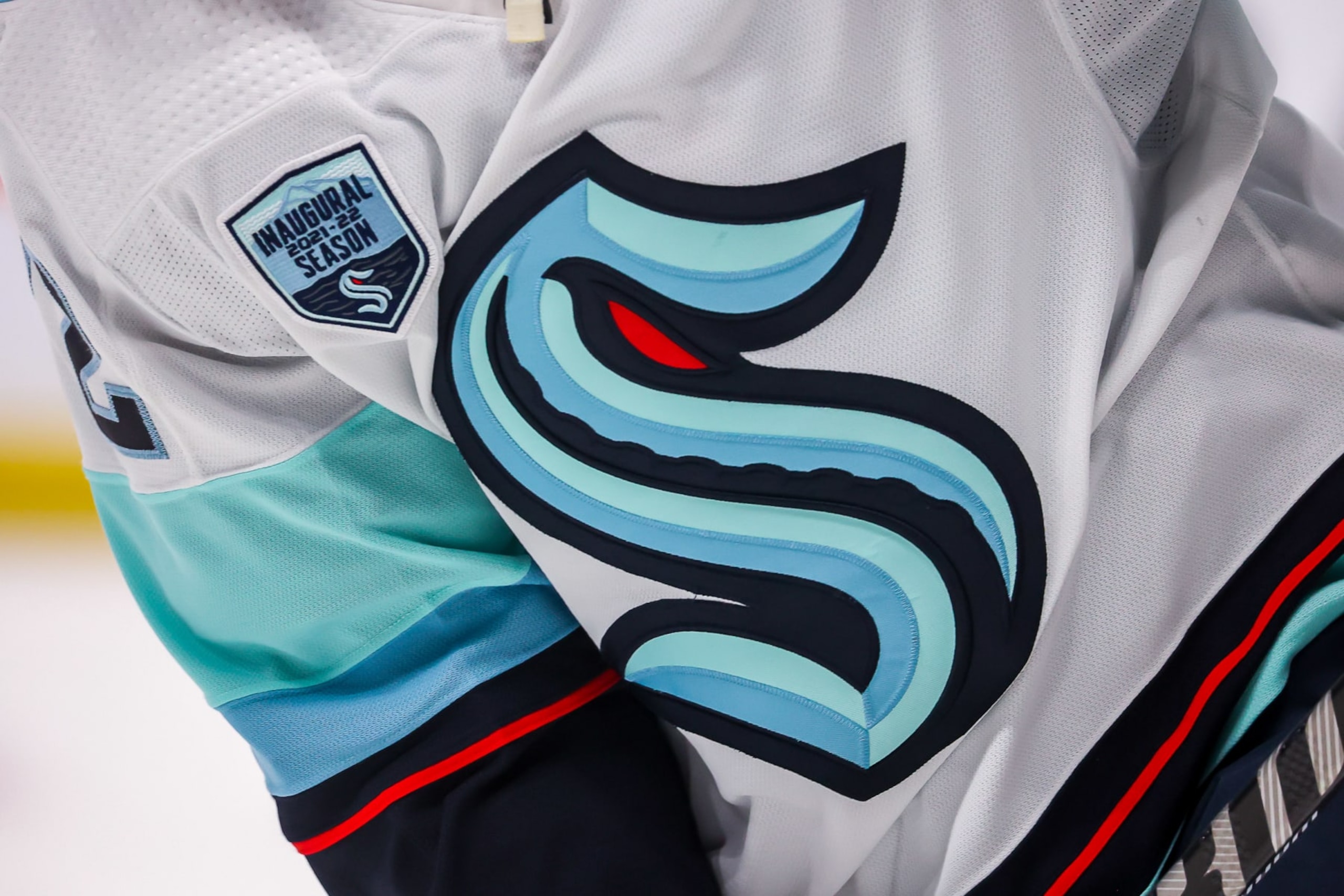 WINNIPEG, MB - FEBRUARY 17: A general view of the logo and inaugural season patch on the jersey of the Seattle Kraken prior to NHL action against the Winnipeg Jets at the Canada Life Centre on February 17, 2022 in Winnipeg, Manitoba, Canada. This marks the first game Seattle has played in Winnipeg. (Photo by Jonathan Kozub/NHLI via Getty Images)