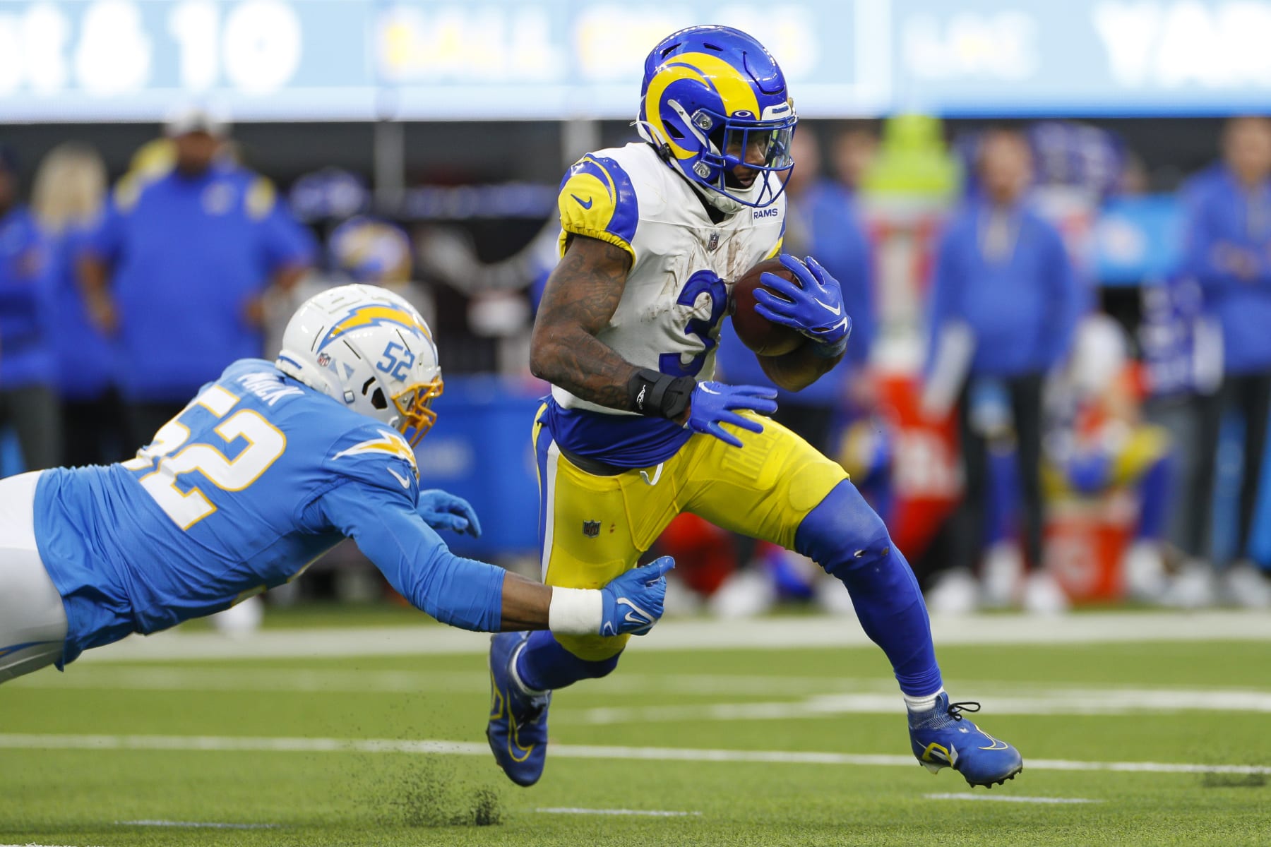 INGLEWOOD, CA - JANUARY 01: Los Angeles Rams running back Cam Akers (3) runs with the ball during an NFL regular season game between the Los Angeles Rams and the Los Angeles Chargers on January 01, 2023, at SoFi Stadium in Inglewood, CA. (Photo by Brandon Sloter/Icon Sportswire via Getty Images)