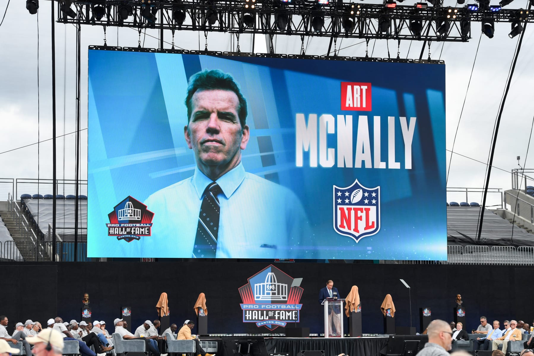 CANTON, OHIO - AUGUST 06: Art McNally is presented during the 2022 Pro Hall of Fame Enshrinement Ceremony at Tom Benson Hall of Fame Stadium on August 06, 2022 in Canton, Ohio. (Photo by Nick Cammett/Getty Images) CANTON, OHIO - AUGUST 06: Art McNally is presented during the 2022 Pro Hall of Fame Enshrinement Ceremony at Tom Benson Hall of Fame Stadium on August 06, 2022 in Canton, Ohio. (Photo by Nick Cammett/Getty Images)