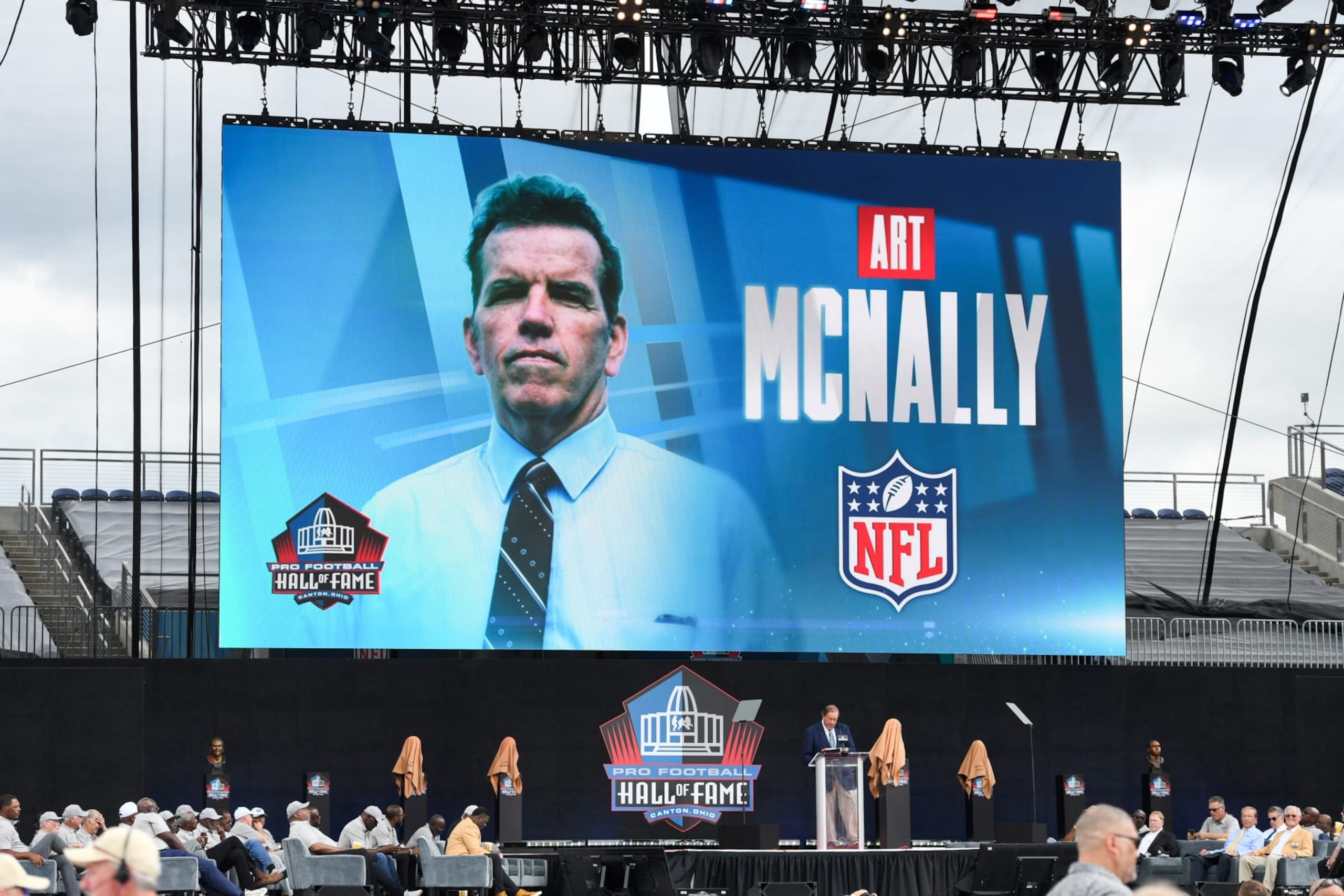 CANTON, OHIO - AUGUST 06: Art McNally is presented during the 2022 Pro Hall of Fame Enshrinement Ceremony at Tom Benson Hall of Fame Stadium on August 06, 2022 in Canton, Ohio. (Photo by Nick Cammett/Getty Images)