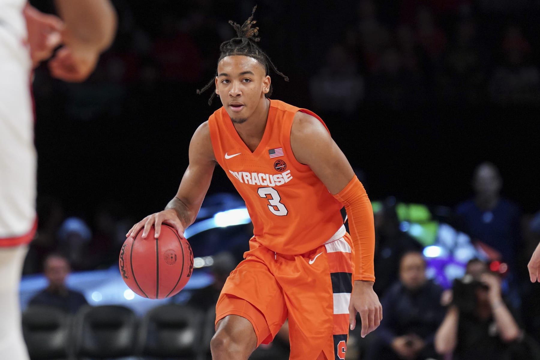 BROOKLYN, NY - NOVEMBER 21:  Judah Mintz #3 of the Syracuse Orange dribbles the ball against the St. John's Red Storm in the championship game of the Empire Classic at Barclays Center in the Brooklyn borough of New York City on November 21, 2022.  (Photo by Porter Binks/Getty Images)