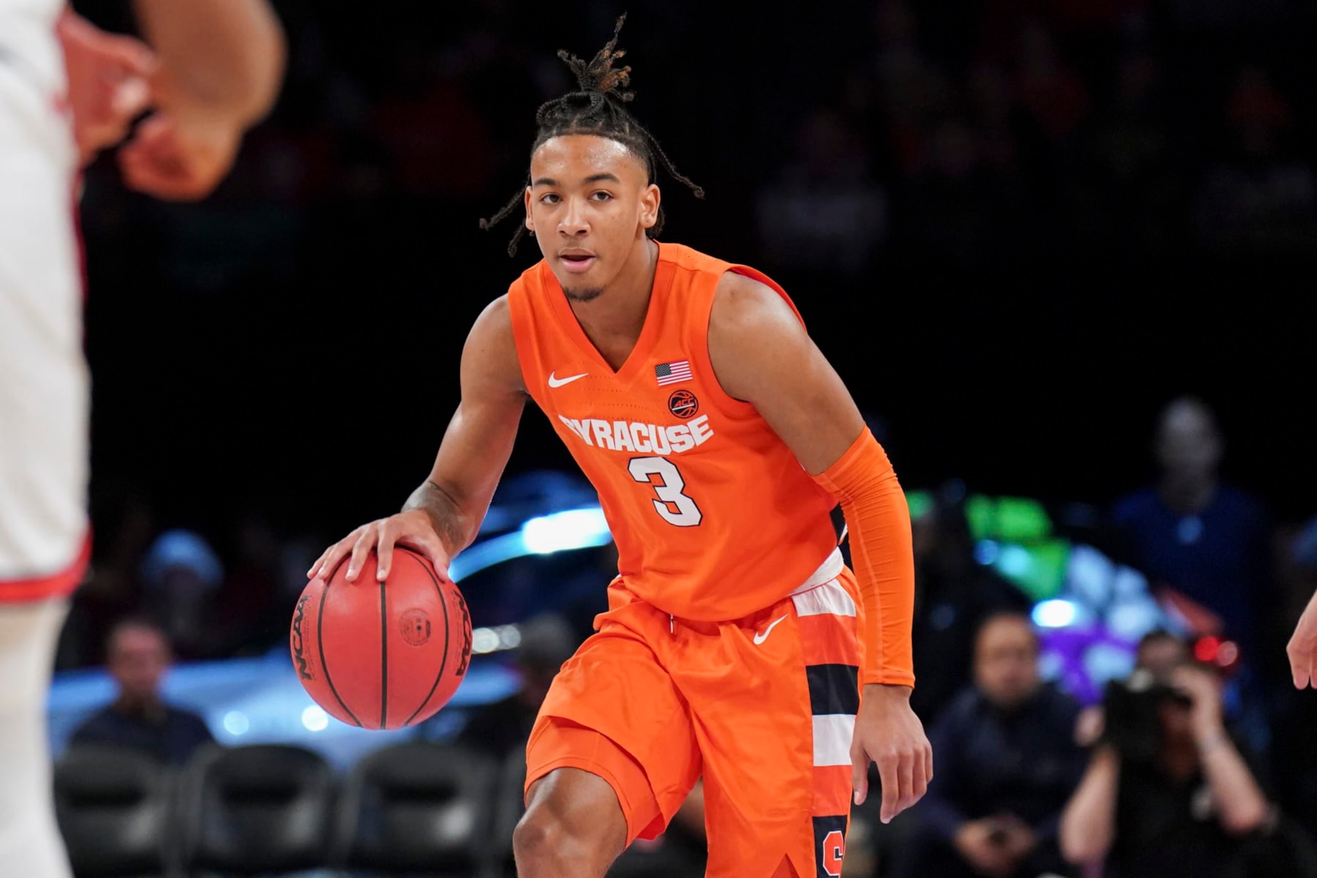 BROOKLYN, NY - NOVEMBER 21:  Judah Mintz #3 of the Syracuse Orange dribbles the ball against the St. John's Red Storm in the championship game of the Empire Classic at Barclays Center in the Brooklyn borough of New York City on November 21, 2022.  (Photo by Porter Binks/Getty Images)