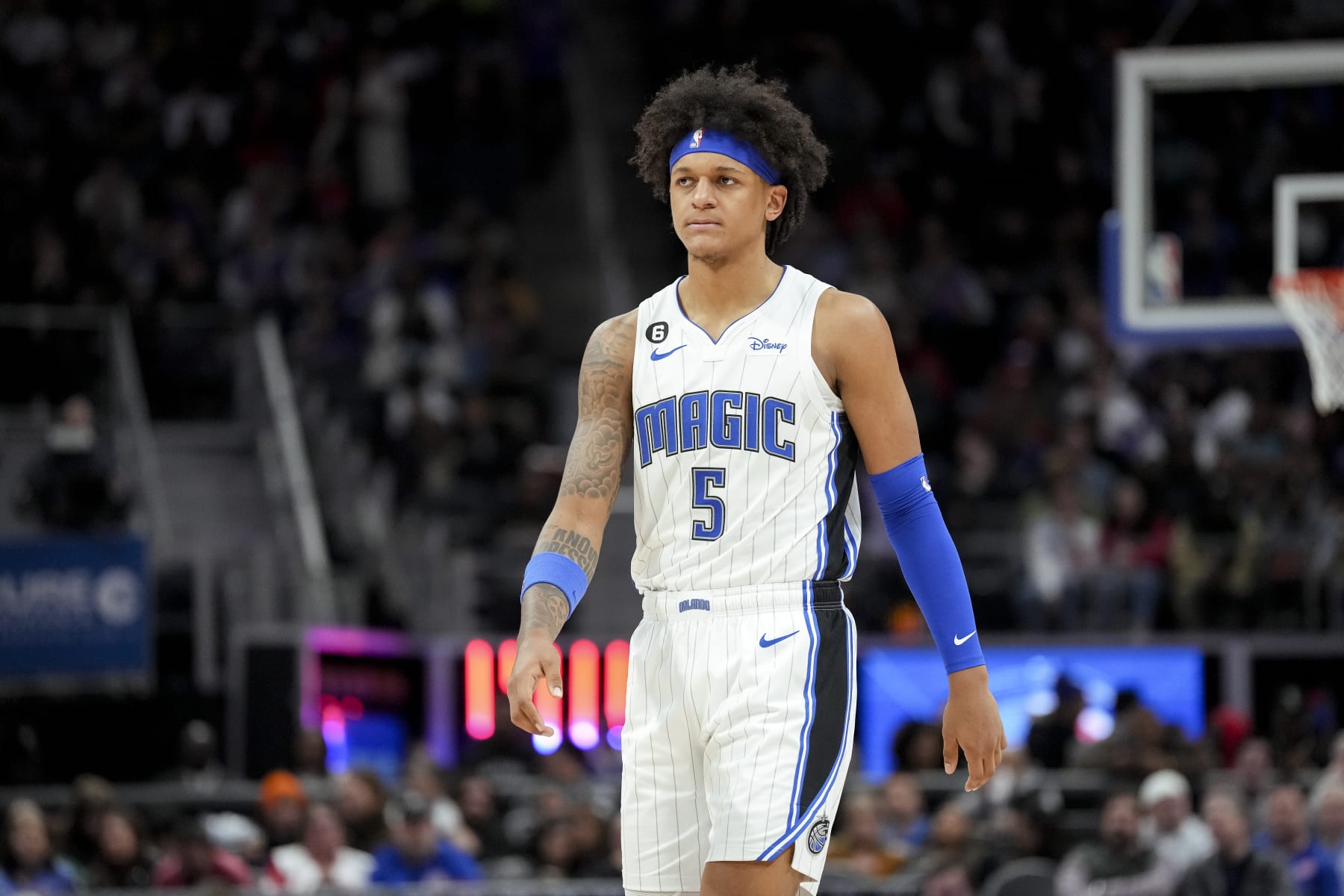 DETROIT, MICHIGAN - DECEMBER 28: Paolo Banchero #5 of the Orlando Magic looks on against the Detroit Pistons at Little Caesars Arena on December 28, 2022 in Detroit, Michigan. NOTE TO USER: User expressly acknowledges and agrees that, by downloading and or using this photograph, User is consenting to the terms and conditions of the Getty Images License Agreement. (Photo by Nic Antaya/Getty Images)