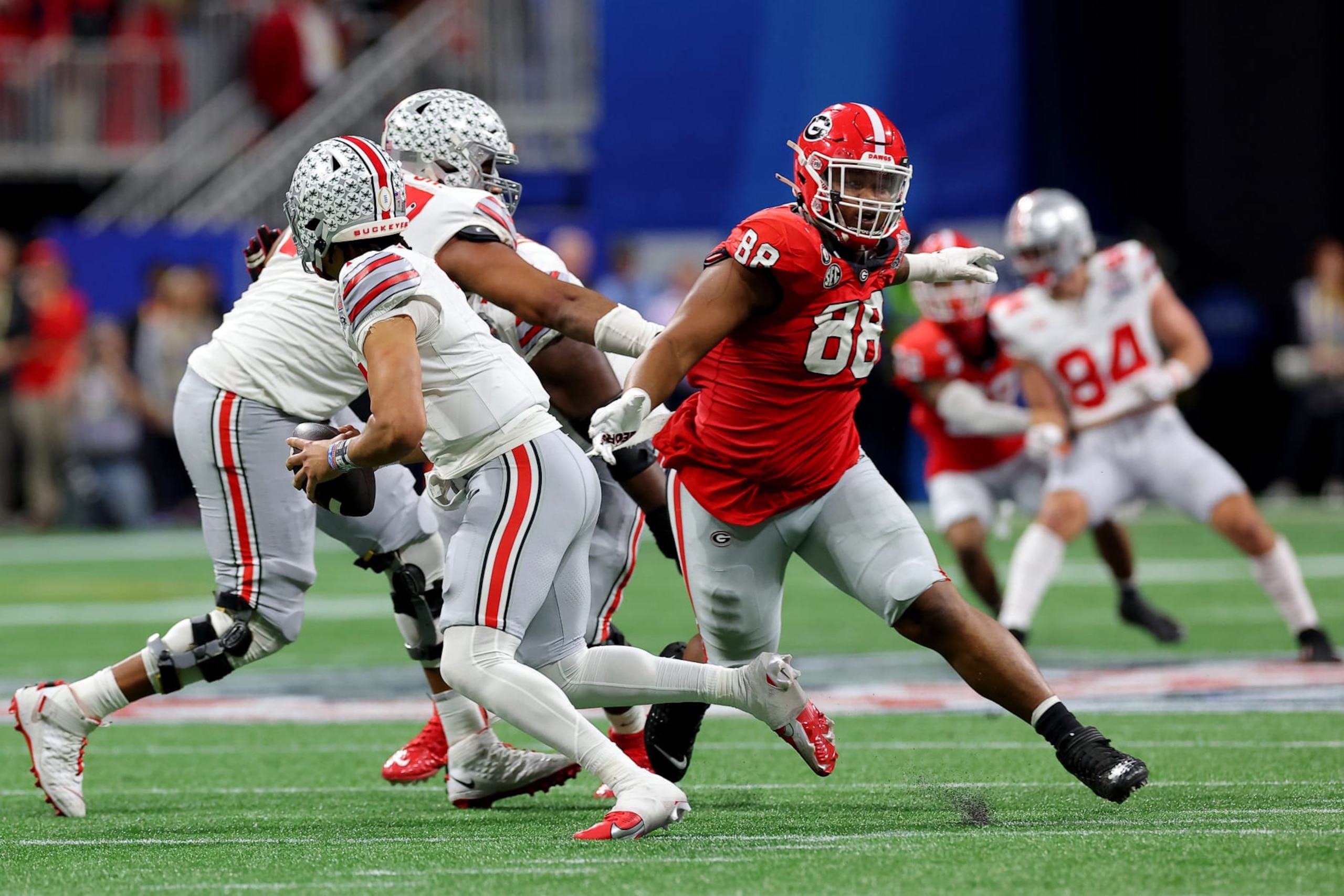 Georgia's Jalen Carter has his sights set on Ohio State's C.J. Stroud. Georgia's Jalen Carter has his sights set on Ohio State's C.J. Stroud.