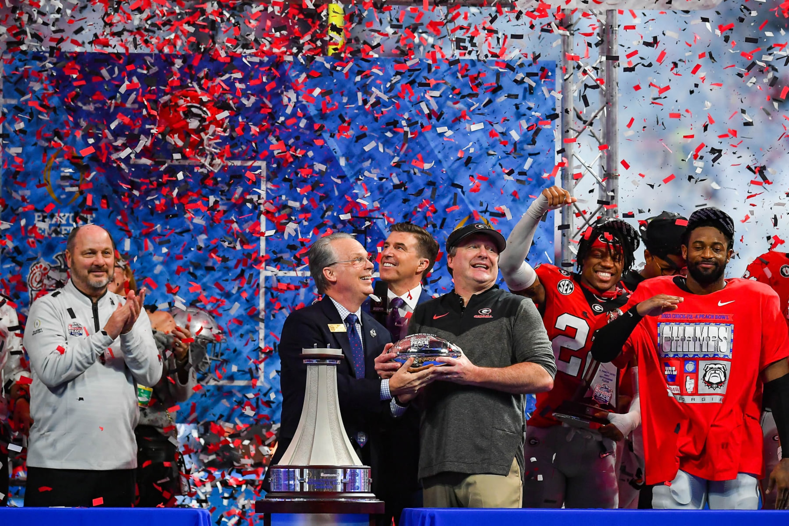 Georgia's Kirby Smart celebrates his team's semifinal win. Georgia's Kirby Smart celebrates his team's semifinal win.