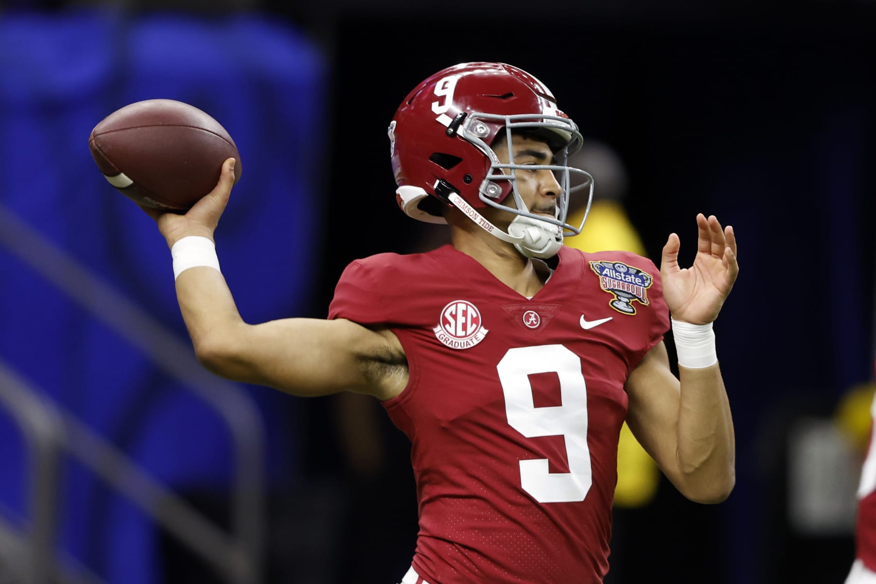 Alabama quarterback Bryce Young warms up before the start of the Sugar Bowl NCAA college football game against Kansas State Saturday, Dec. 31, 2022, in New Orleans. (AP Photo/Butch Dill)