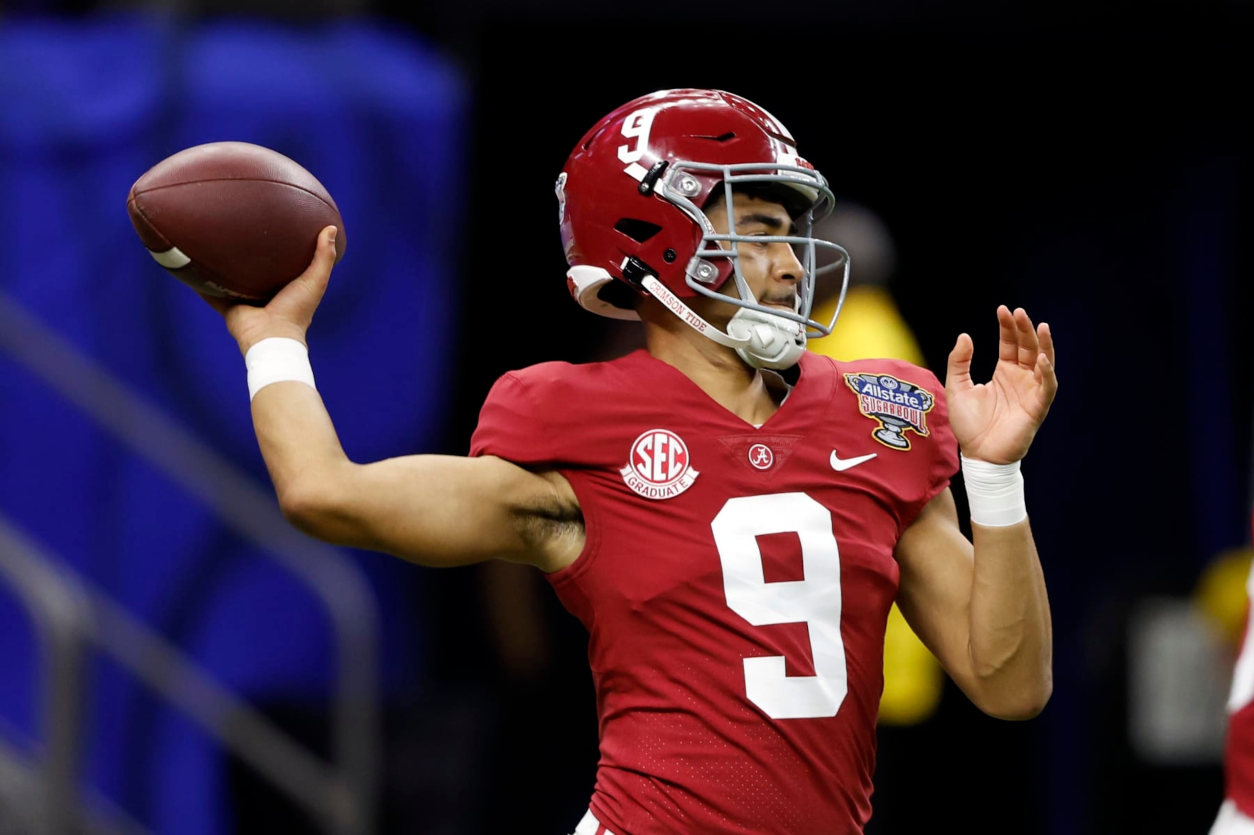 Alabama quarterback Bryce Young warms up before the start of the Sugar Bowl NCAA college football game against Kansas State Saturday, Dec. 31, 2022, in New Orleans. (AP Photo/Butch Dill) Alabama quarterback Bryce Young warms up before the start of the Sugar Bowl NCAA college football game against Kansas State Saturday, Dec. 31, 2022, in New Orleans. (AP Photo/Butch Dill)