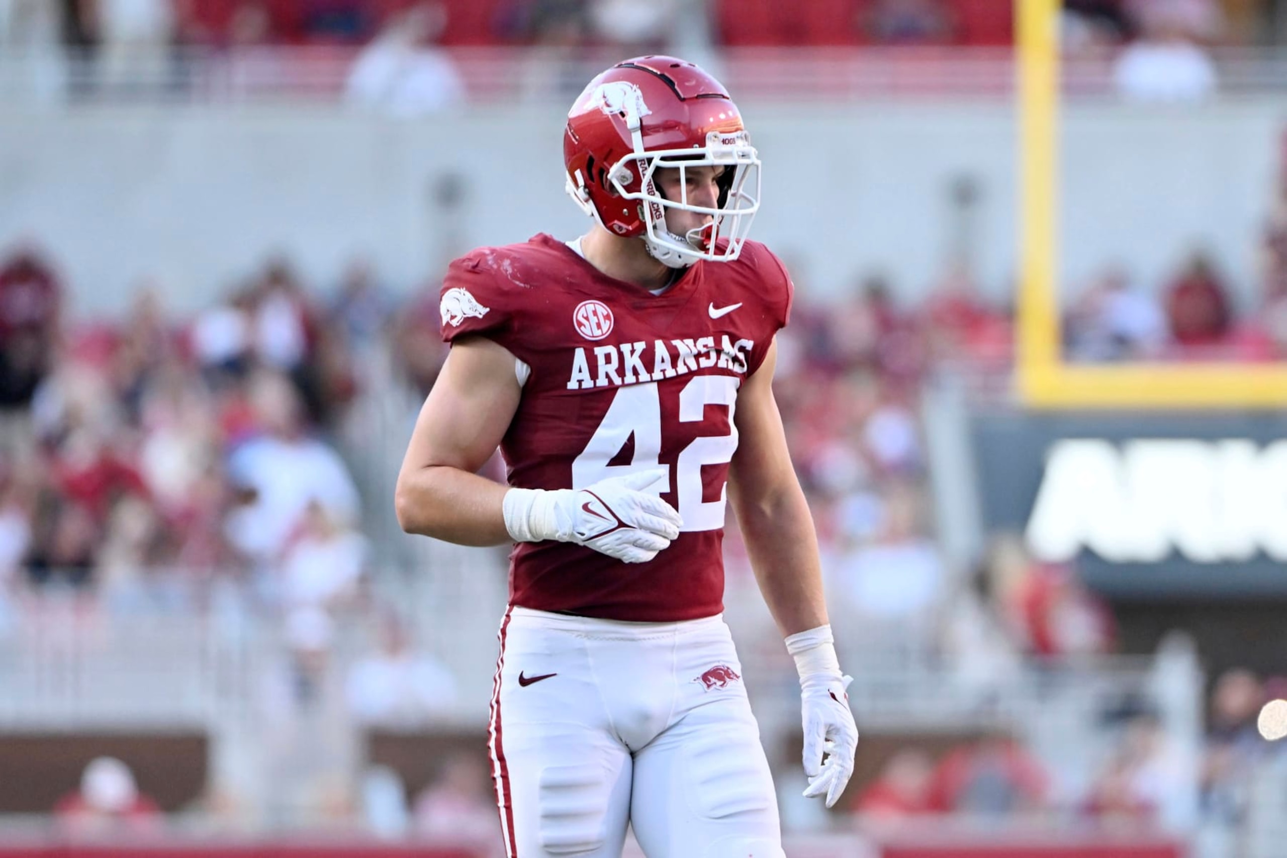 Arkansas linebacker Drew Sanders (42) against Missouri State during an NCAA college football game Saturday, Sept. 17, 2022, in Fayetteville, Ark. (AP Photo/Michael Woods) Arkansas linebacker Drew Sanders (42) against Missouri State during an NCAA college football game Saturday, Sept. 17, 2022, in Fayetteville, Ark. (AP Photo/Michael Woods)