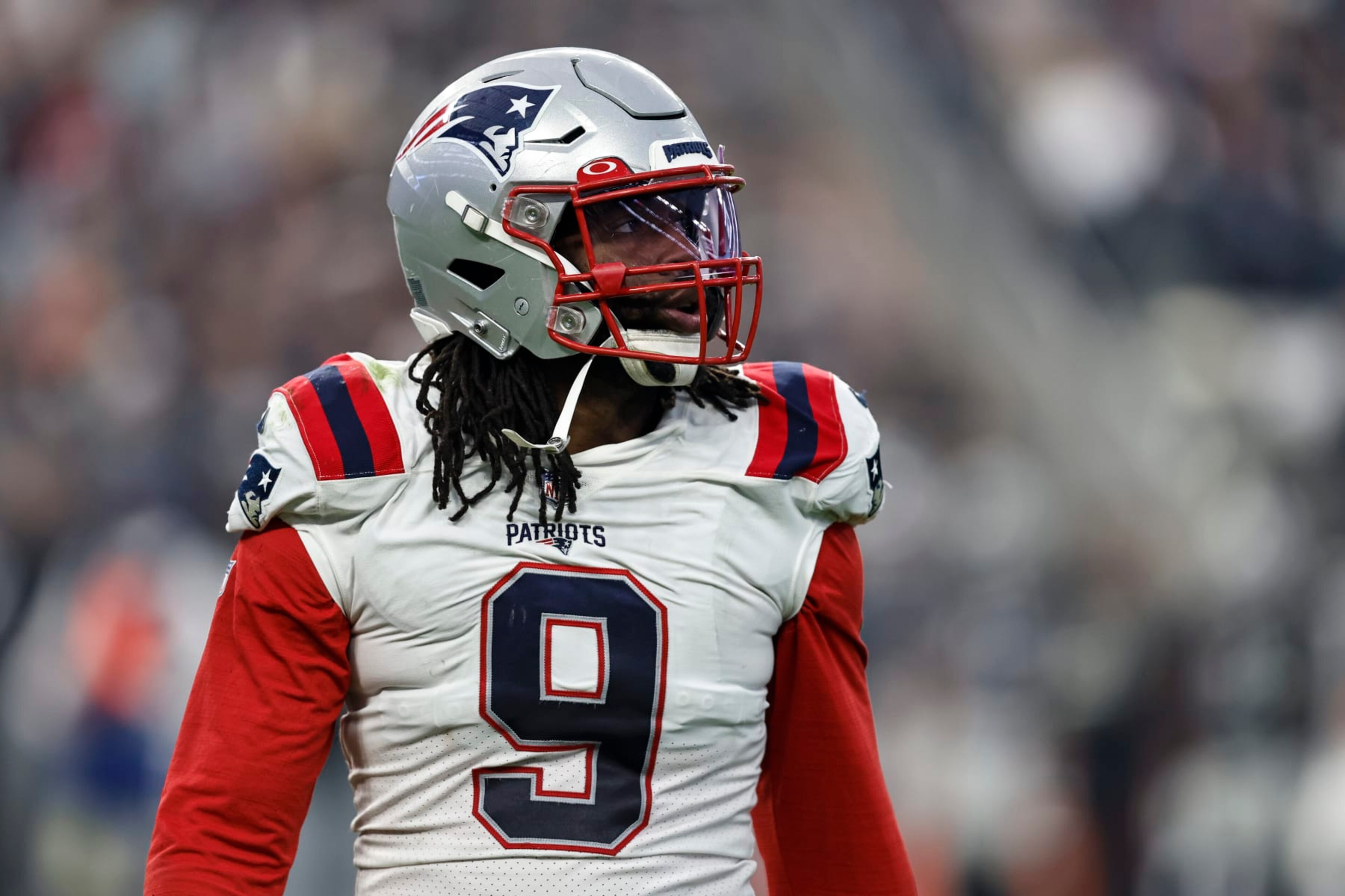 LAS VEGAS, NEVADA - DECEMBER 18: Matthew Judon #9 of the New England Patriots looks on during an NFL football game between the Las Vegas Raiders and the New England Patriots at Allegiant Stadium on December 18, 2022 in Las Vegas, Nevada. (Photo by Michael Owens/Getty Images) LAS VEGAS, NEVADA - DECEMBER 18: Matthew Judon #9 of the New England Patriots looks on during an NFL football game between the Las Vegas Raiders and the New England Patriots at Allegiant Stadium on December 18, 2022 in Las Vegas, Nevada. (Photo by Michael Owens/Getty Images)