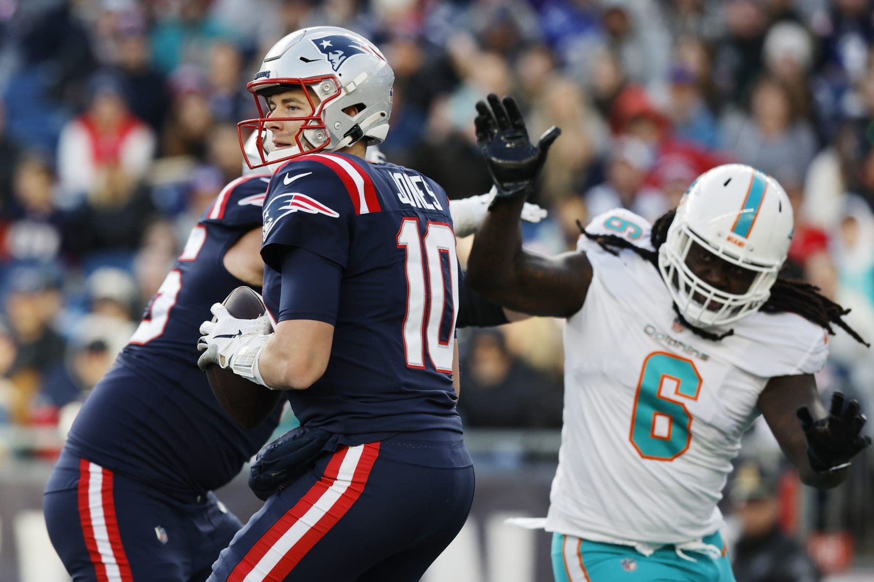 New England Patriots quarterback Mac Jones (10) during the second half of an NFL football game, Sunday, Jan. 1, 2023, in Foxborough, Mass. (AP Photo/Michael Dwyer)