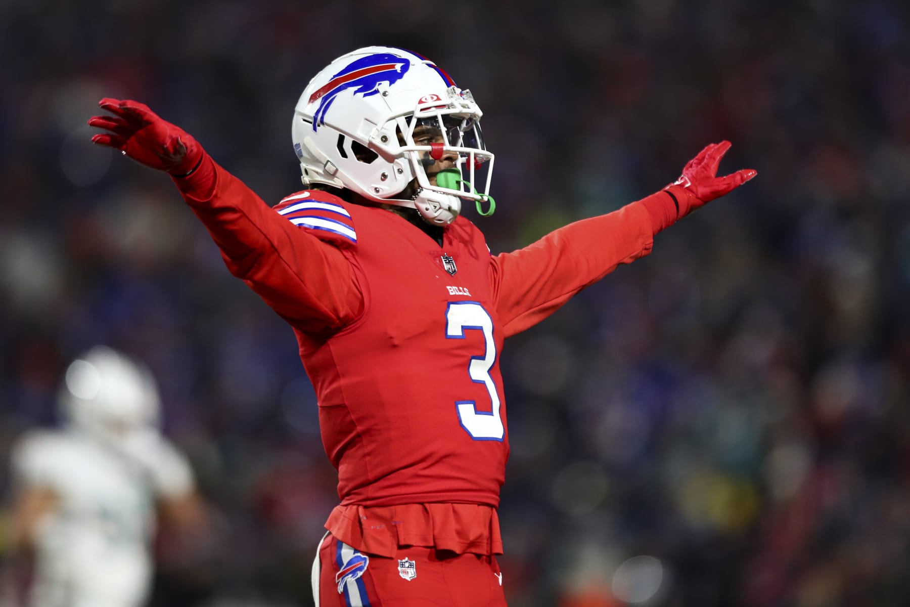 ORCHARD PARK, NY - DECEMBER 17: Damar Hamlin #3 of the Buffalo Bills celebrates after a play during the first quarter of an NFL football game against the Miami Dolphins at Highmark Stadium on December 17, 2022 in Orchard Park, New York. (Photo by Kevin Sabitus/Getty Images)