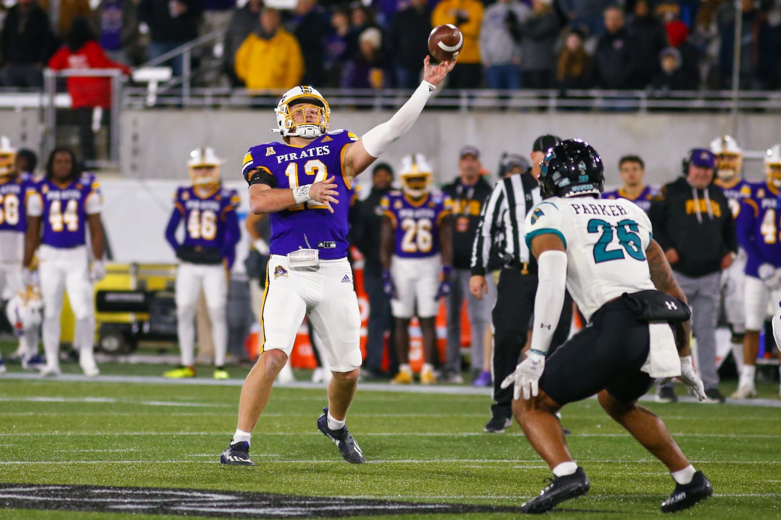 BIRMINGHAM, AL - DECEMBER 27: East Carolina Pirates quarterback Holton Ahlers (12) passes during the TicketSmarter Birmingham Bowl between the East Carolina Pirates and the Coastal Carolina Chanticleers at Protective Stadium in Birmingham, AL on December 27, 2022. (Photo by Chris McDill/Icon Sportswire via Getty Images) BIRMINGHAM, AL - DECEMBER 27: East Carolina Pirates quarterback Holton Ahlers (12) passes during the TicketSmarter Birmingham Bowl between the East Carolina Pirates and the Coastal Carolina Chanticleers at Protective Stadium in Birmingham, AL on December 27, 2022. (Photo by Chris McDill/Icon Sportswire via Getty Images)