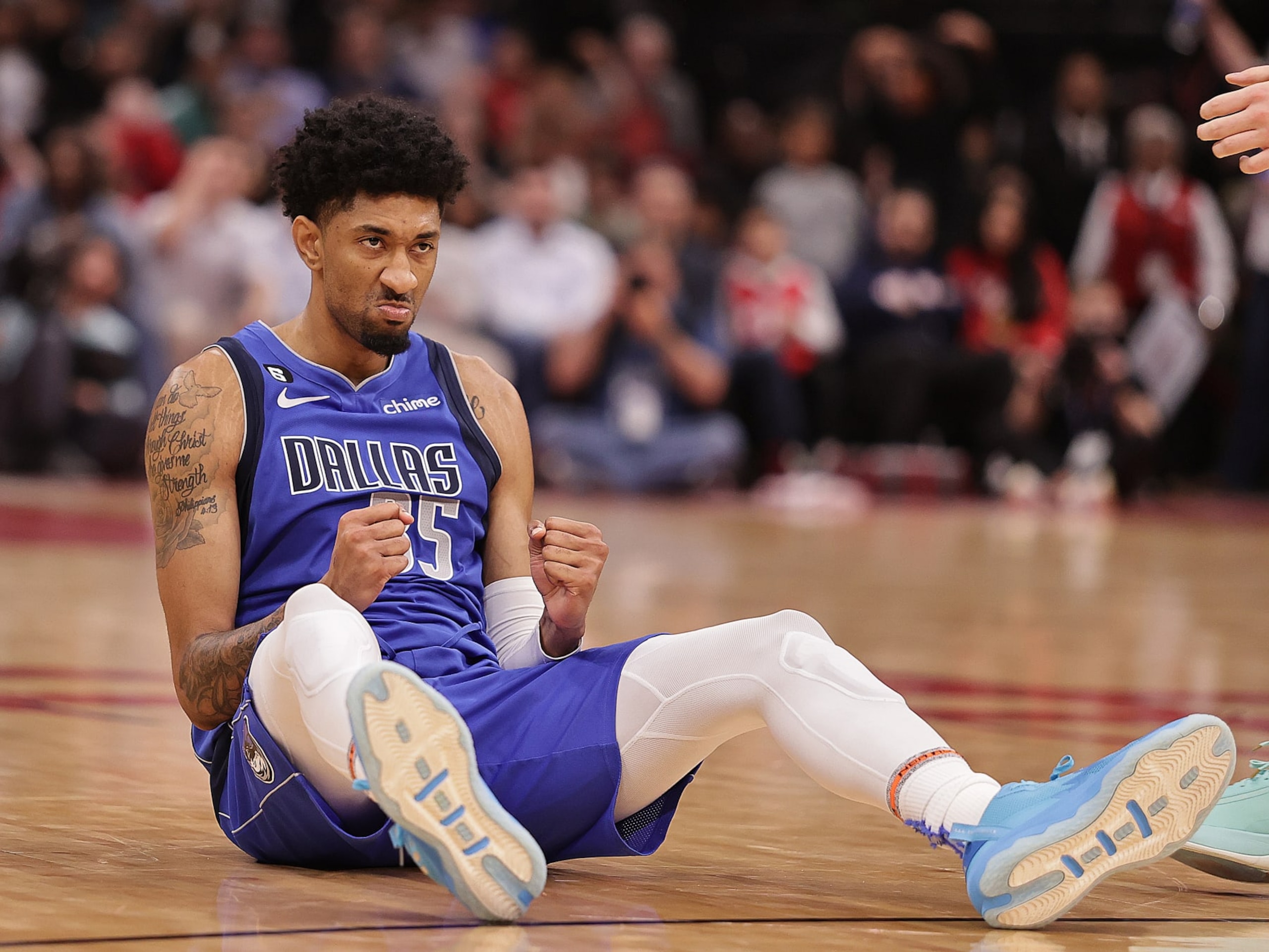 HOUSTON, TEXAS - JANUARY 02: Christian Wood #35 of the Dallas Mavericks reacts after being fouled on a three point basket shot during the fourth quarter against the Houston Rockets at Toyota Center on January 02, 2023 in Houston, Texas. NOTE TO USER: User expressly acknowledges and agrees that, by downloading and or using this photograph, User is consenting to the terms and conditions of the Getty Images License Agreement.  (Photo by Bob Levey/Getty Images)