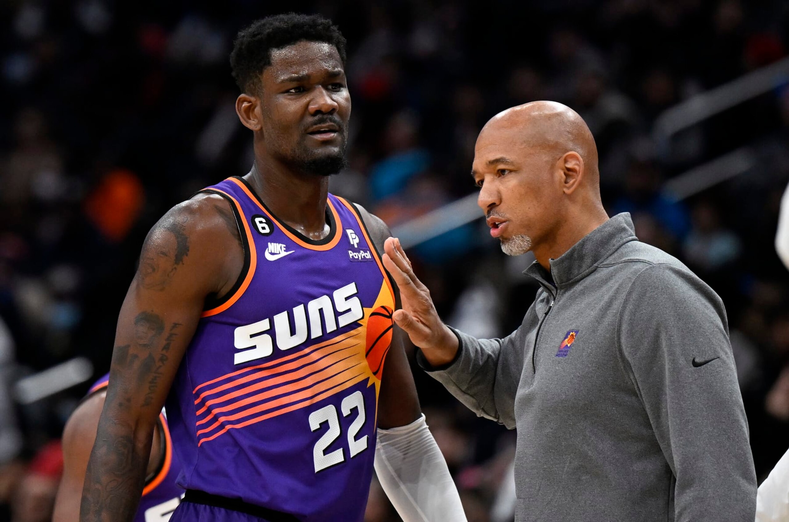 WASHINGTON, DC - DECEMBER 28: Head coach Monty Williams of the Phoenix Suns talks with Deandre Ayton #22 in the third quarter against the Washington Wizards at Capital One Arena on December 28, 2022 in Washington, DC. NOTE TO USER: User expressly acknowledges and agrees that, by downloading and or using this photograph, User is consenting to the terms and conditions of the Getty Images License Agreement. (Photo by G Fiume/Getty Images) WASHINGTON, DC - DECEMBER 28: Head coach Monty Williams of the Phoenix Suns talks with Deandre Ayton #22 in the third quarter against the Washington Wizards at Capital One Arena on December 28, 2022 in Washington, DC. NOTE TO USER: User expressly acknowledges and agrees that, by downloading and or using this photograph, User is consenting to the terms and conditions of the Getty Images License Agreement. (Photo by G Fiume/Getty Images)