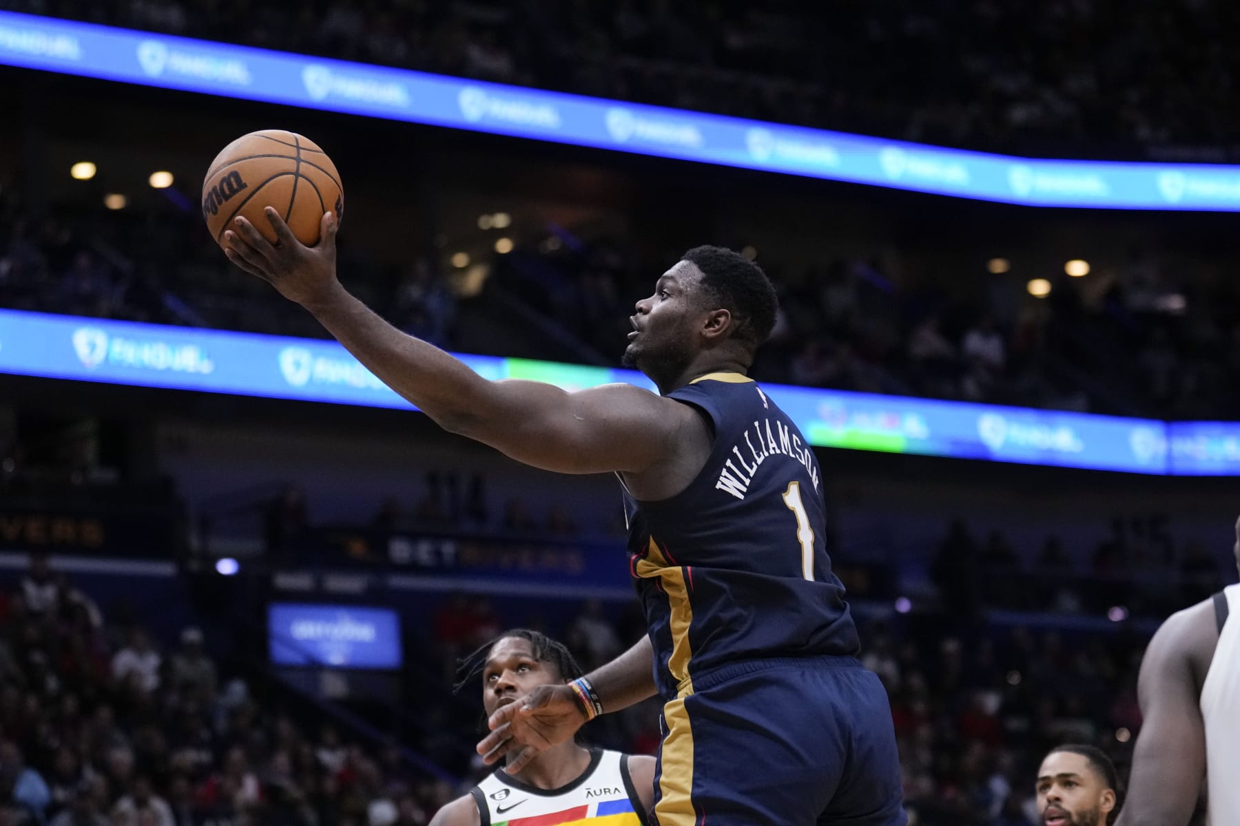 New Orleans Pelicans forward Zion Williamson (1) goes to the basket in the second half of an NBA basketball game in New Orleans, Wednesday, Dec. 28, 2022. Williamson had a career high 43 points and the Pelicans won 119-118. (AP Photo/Gerald Herbert)