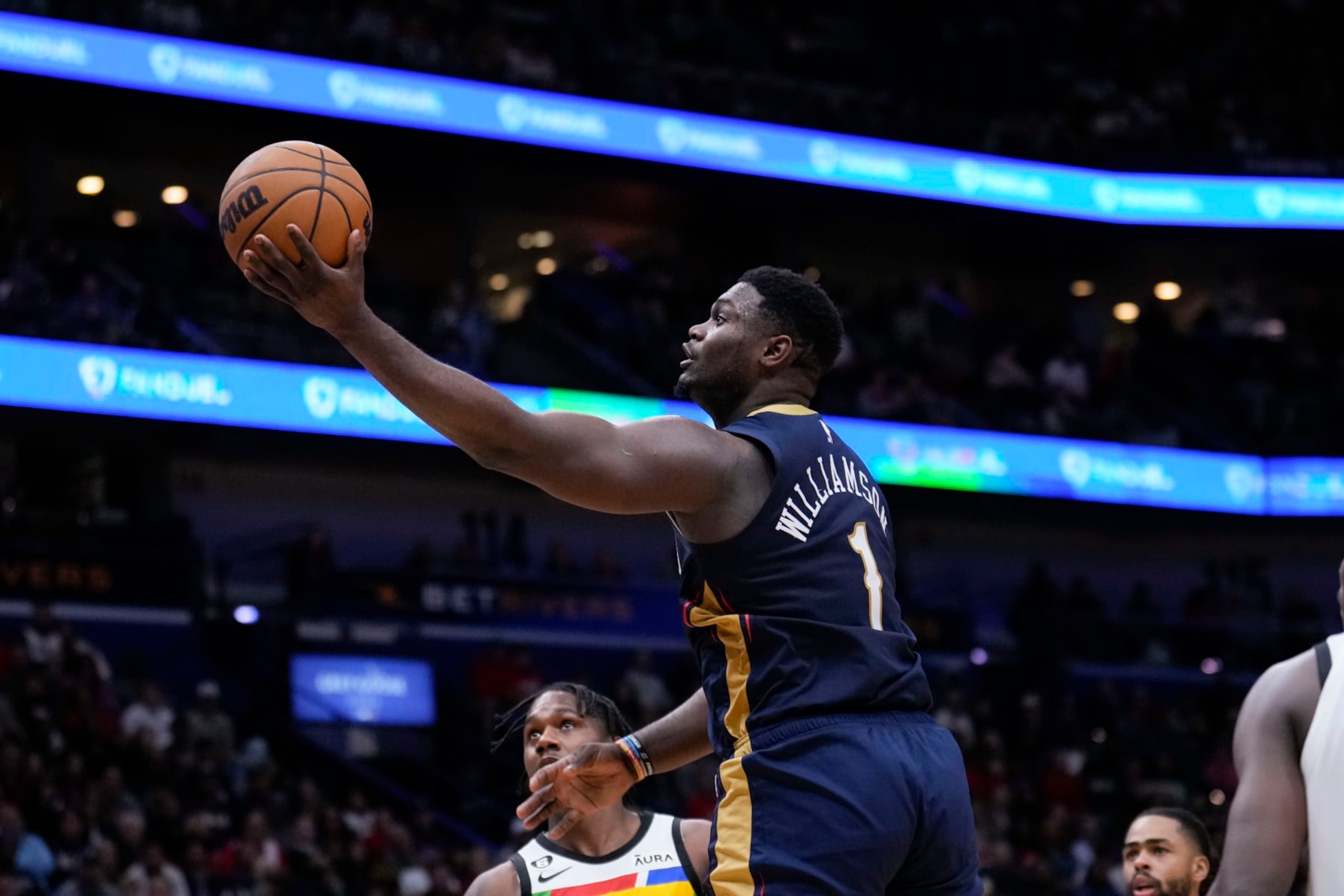 New Orleans Pelicans forward Zion Williamson (1) goes to the basket in the second half of an NBA basketball game in New Orleans, Wednesday, Dec. 28, 2022. Williamson had a career high 43 points and the Pelicans won 119-118. (AP Photo/Gerald Herbert)