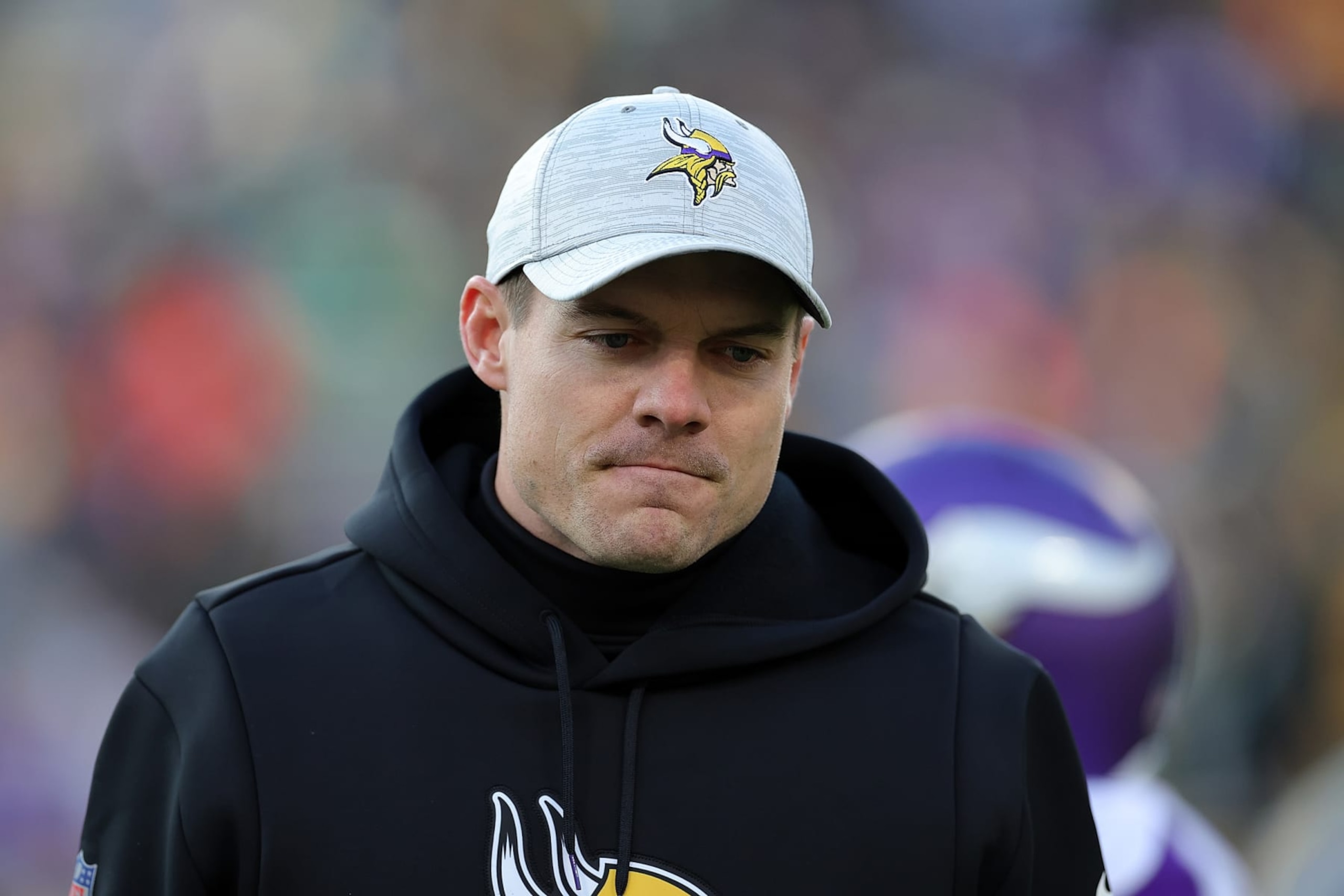 GREEN BAY, WISCONSIN - JANUARY 01: Head coach Kevin O'Connell of the Minnesota Vikings watches action prior to a game against the Green Bay Packers at Lambeau Field on January 01, 2023 in Green Bay, Wisconsin. (Photo by Stacy Revere/Getty Images)