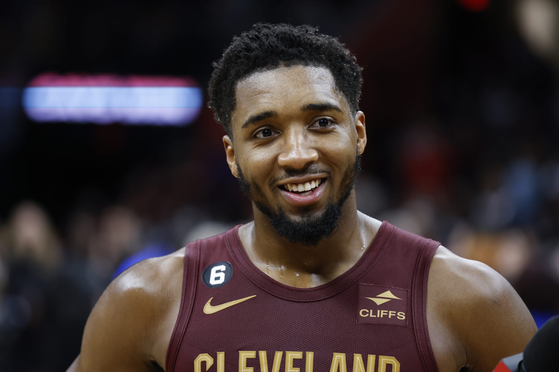 Cleveland Cavaliers guard Donovan Mitchell celebrates a 145-134 overtime win against the Chicago Bulls during the second half of an NBA basketball game, Monday, Jan. 2, 2023, in Cleveland. (AP Photo/Ron Schwane)