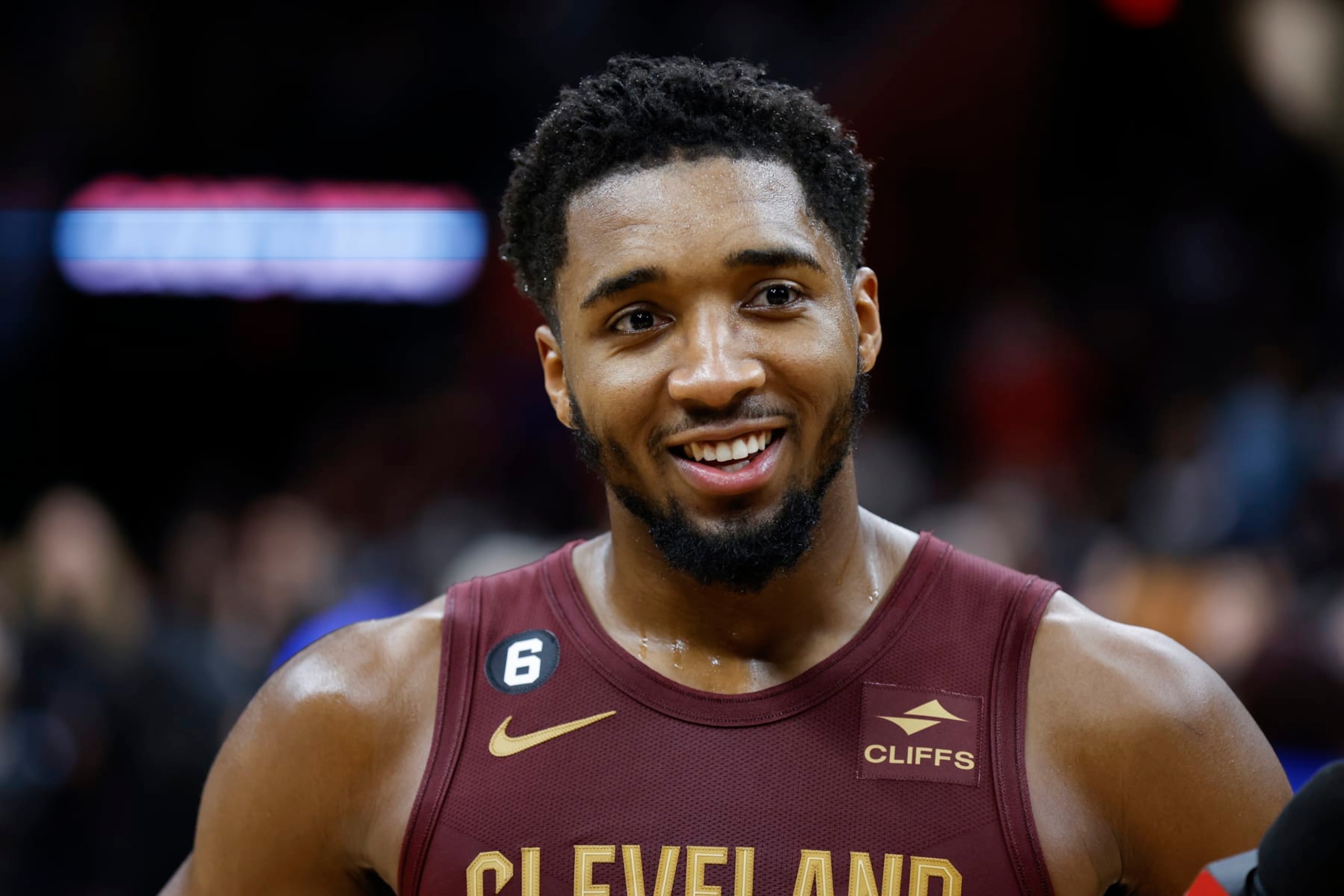 Cleveland Cavaliers guard Donovan Mitchell celebrates a 145-134 overtime win against the Chicago Bulls during the second half of an NBA basketball game, Monday, Jan. 2, 2023, in Cleveland. (AP Photo/Ron Schwane)