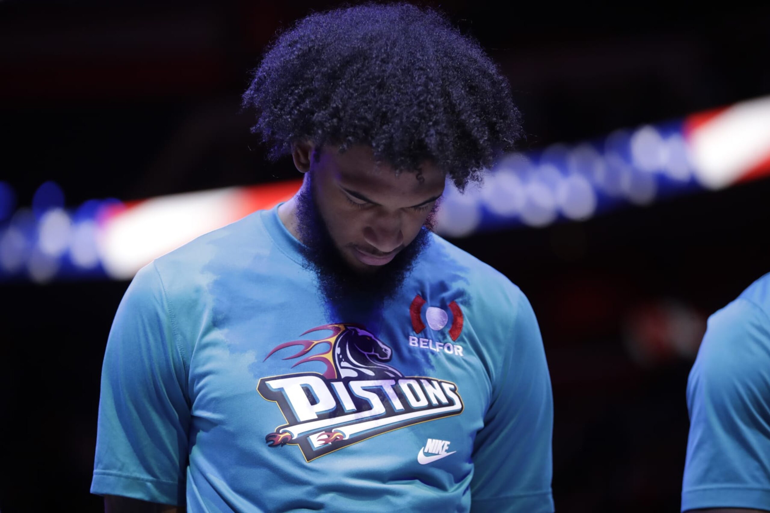 DETROIT, MI - DECEMBER 20: Marvin Bagley III #35 of the Detroit Pistons stands for the National Anthem before the game against the Utah Jazz on December 20, 2022 at Little Caesars Arena in Detroit, Michigan. NOTE TO USER: User expressly acknowledges and agrees that, by downloading and/or using this photograph, User is consenting to the terms and conditions of the Getty Images License Agreement. Mandatory Copyright Notice: Copyright 2022 NBAE (Photo by Brian Sevald/NBAE via Getty Images) DETROIT, MI - DECEMBER 20: Marvin Bagley III #35 of the Detroit Pistons stands for the National Anthem before the game against the Utah Jazz on December 20, 2022 at Little Caesars Arena in Detroit, Michigan. NOTE TO USER: User expressly acknowledges and agrees that, by downloading and/or using this photograph, User is consenting to the terms and conditions of the Getty Images License Agreement. Mandatory Copyright Notice: Copyright 2022 NBAE (Photo by Brian Sevald/NBAE via Getty Images)