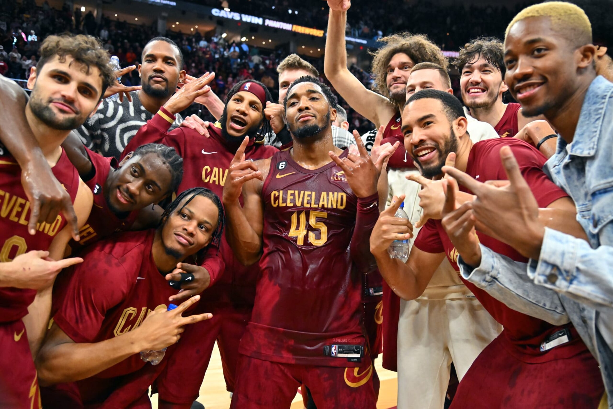 CLEVELAND, OHIO - JANUARY 02: Donovan Mitchell #45 of the Cleveland Cavaliers celebrates with his teammates after scoring a Cavaliers franchise record 71 points against the Chicago Bulls at Rocket Mortgage Fieldhouse on January 02, 2023 in Cleveland, Ohio. The Cavaliers defeated the Bulls 145-134. NOTE TO USER: User expressly acknowledges and agrees that, by downloading and or using this photograph, User is consenting to the terms and conditions of the Getty Images License Agreement. (Photo by Jason Miller/Getty Images) CLEVELAND, OHIO - JANUARY 02: Donovan Mitchell #45 of the Cleveland Cavaliers celebrates with his teammates after scoring a Cavaliers franchise record 71 points against the Chicago Bulls at Rocket Mortgage Fieldhouse on January 02, 2023 in Cleveland, Ohio. The Cavaliers defeated the Bulls 145-134. NOTE TO USER: User expressly acknowledges and agrees that, by downloading and or using this photograph, User is consenting to the terms and conditions of the Getty Images License Agreement. (Photo by Jason Miller/Getty Images)