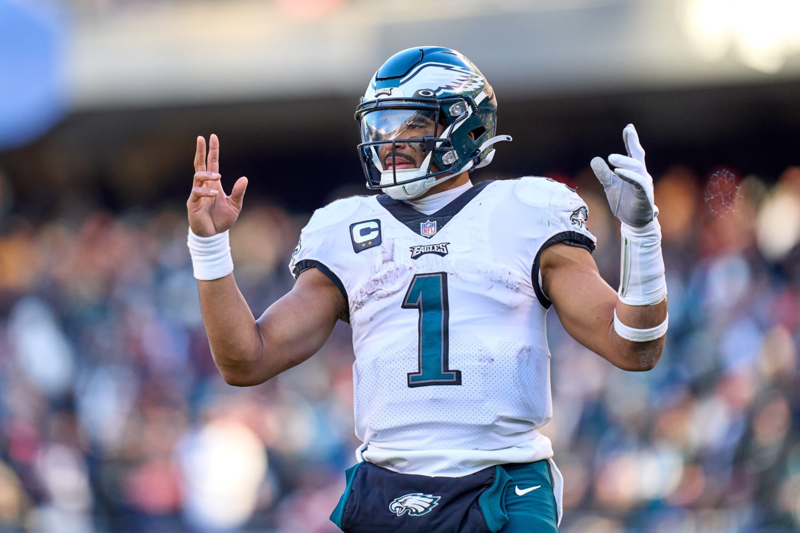 CHICAGO, IL - DECEMBER 18: Philadelphia Eagles quarterback Jalen Hurts (1) celebrates after a touchdown play in action during a game between the Philadelphia Eagles and the Chicago Bears on December 18, 2022, at Soldier Field in Chicago, IL. (Photo by Robin Alam/Icon Sportswire via Getty Images)