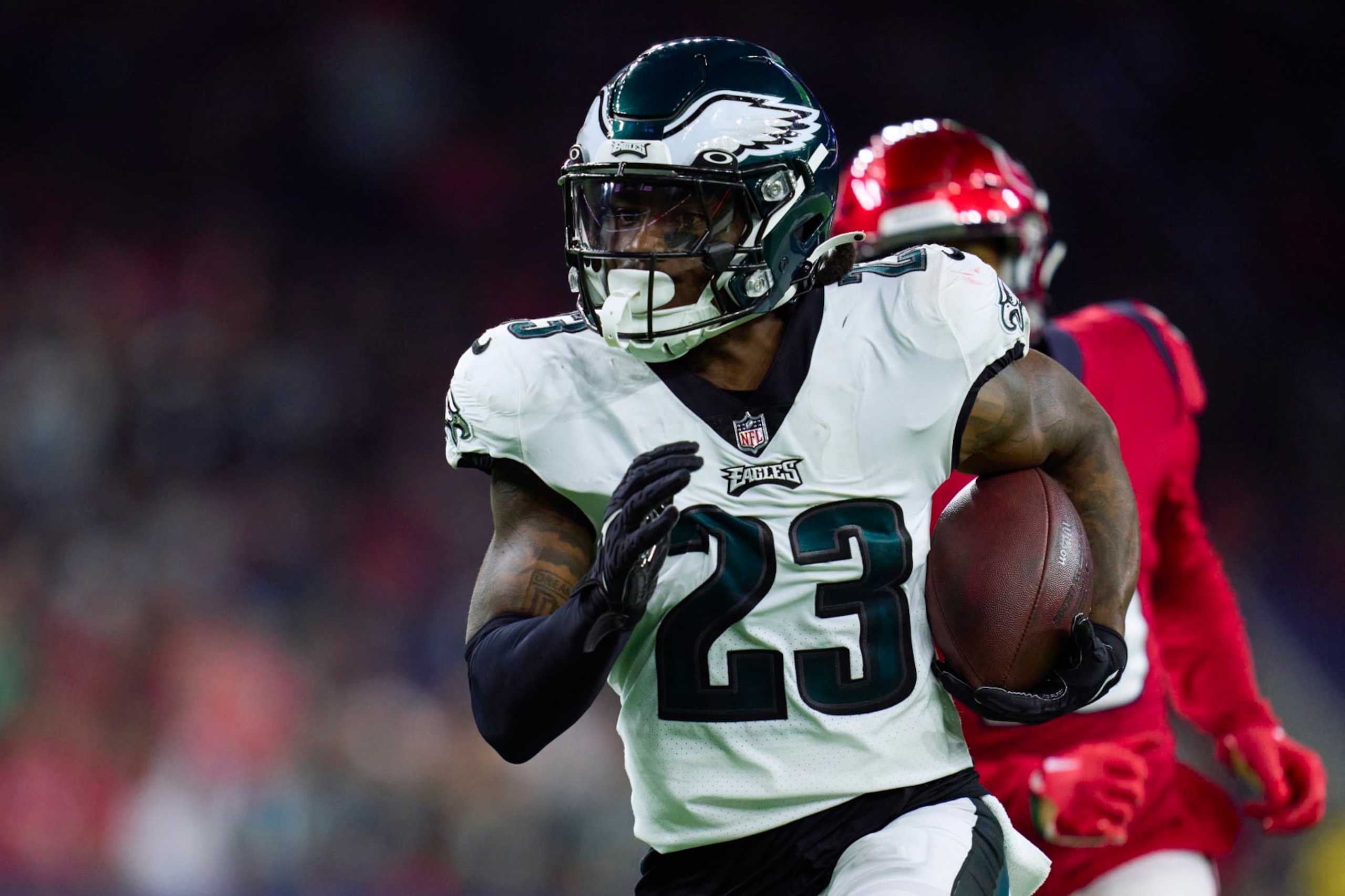 HOUSTON, TX - NOVEMBER 03: C.J. Gardner-Johnson #23 of the Philadelphia Eagles runs with the ball after an interception against the Houston Texans during the second half at NRG Stadium on November 3, 2022 in Houston, Texas. (Photo by Cooper Neill/Getty Images)