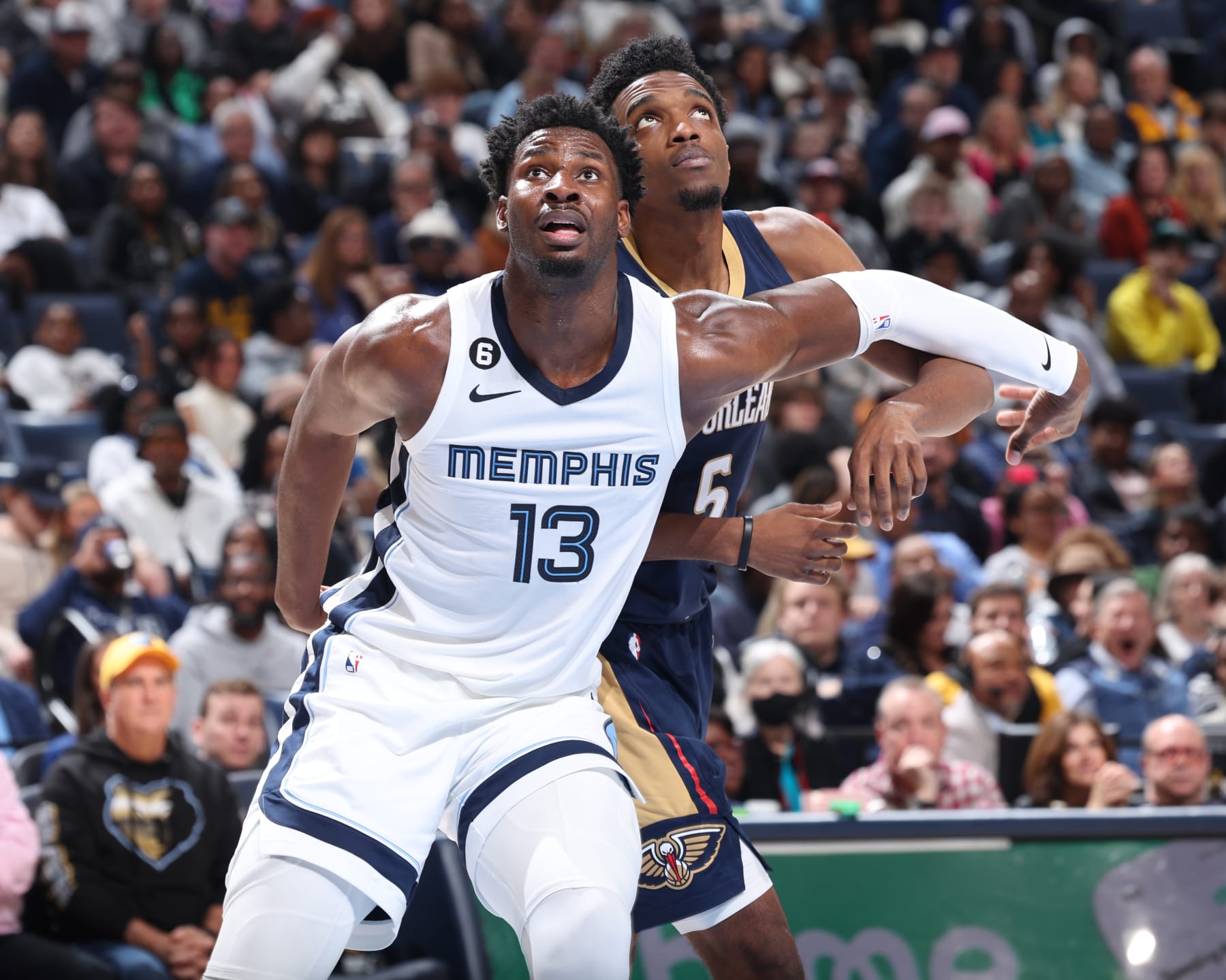 MEMPHIS, TN - DECEMBER 31:  Jaren Jackson Jr. #13 of the Memphis Grizzlies boxes out during the game against the New Orleans Pelicans on December 31, 2022 at FedExForum in Memphis, Tennessee. NOTE TO USER: User expressly acknowledges and agrees that, by downloading and or using this photograph, User is consenting to the terms and conditions of the Getty Images License Agreement. Mandatory Copyright Notice: Copyright 2022 NBAE (Photo by Jeff Haynes/NBAE via Getty Images)