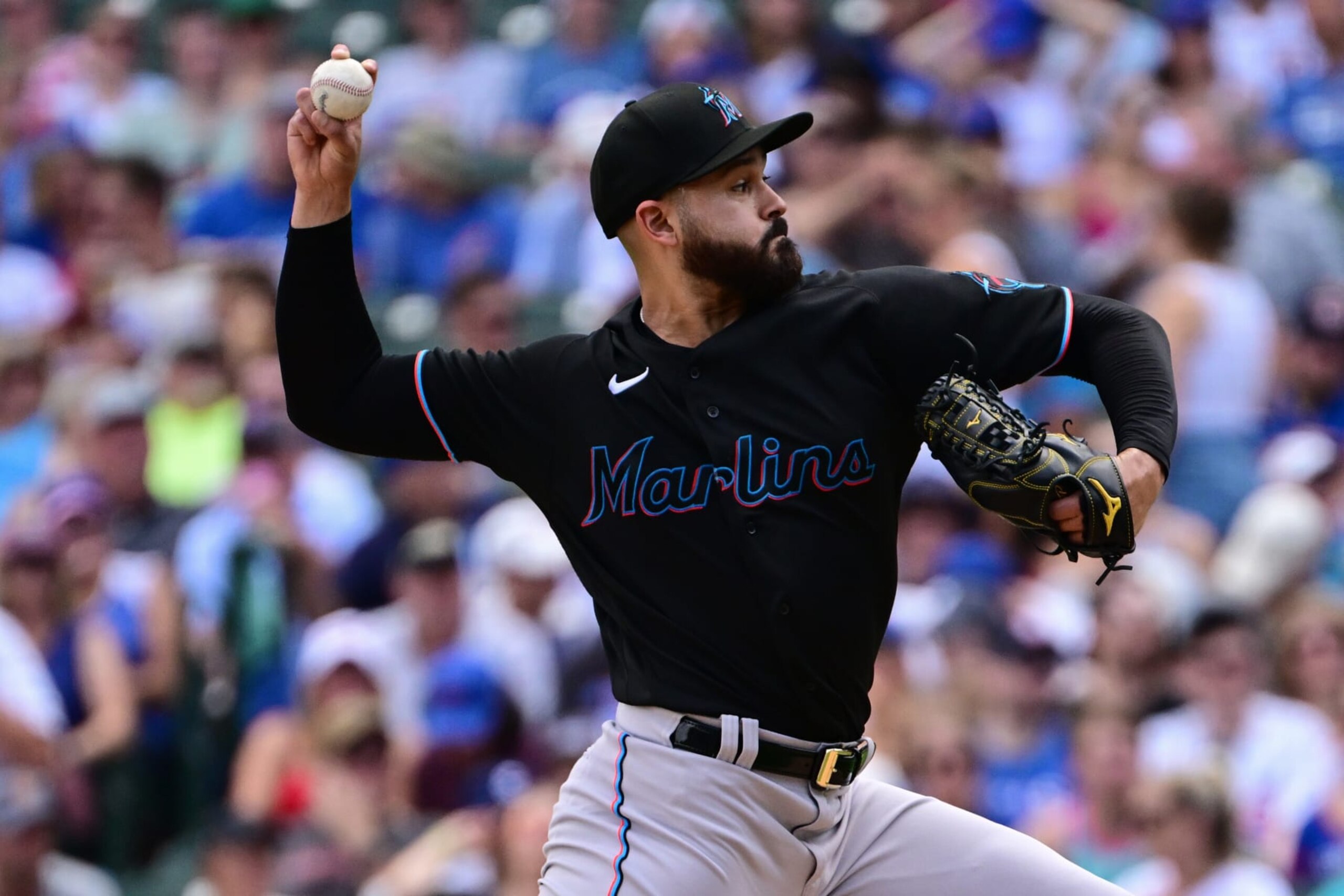 CHICAGO, ILLINOIS - AUGUST 06: Starting pitcher Pablo Lopez #49 of the Miami Marlins delivers the baseball in the first inning against the Chicago Cubs at Wrigley Field on August 06, 2022 in Chicago, Illinois. (Photo by Quinn Harris/Getty Images) CHICAGO, ILLINOIS - AUGUST 06: Starting pitcher Pablo Lopez #49 of the Miami Marlins delivers the baseball in the first inning against the Chicago Cubs at Wrigley Field on August 06, 2022 in Chicago, Illinois. (Photo by Quinn Harris/Getty Images)