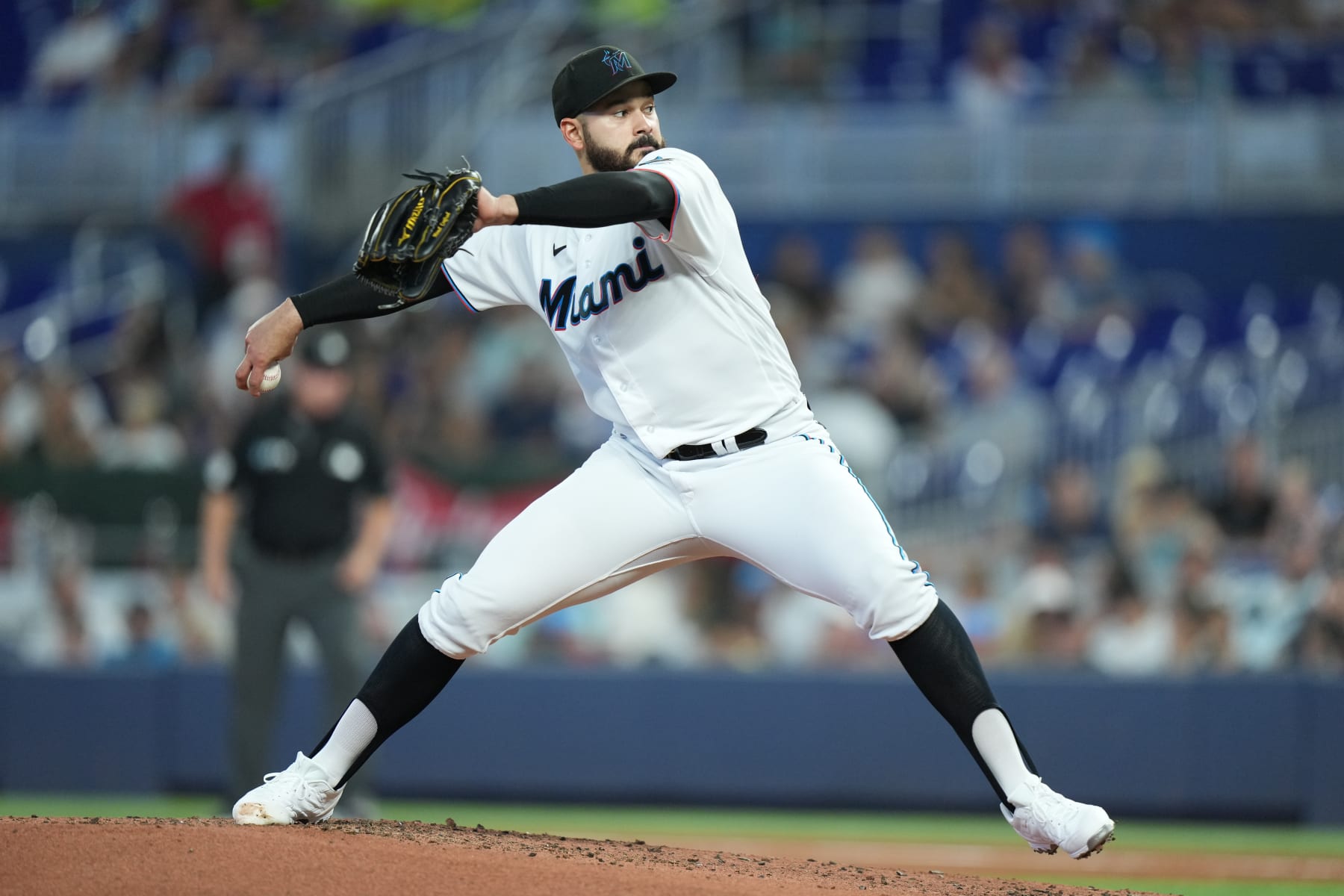 MIAMI, FL - JULY 21: Miami Marlins starting pitcher Pablo Lopez (49) makes the start for the Marlins during the game between the Texas Rangers and the Miami Marlins on Tuesday, July 21, 2022 at LoanDepot Park in Miami, FL (Photo by Peter Joneleit/Icon Sportswire via Getty Images)
