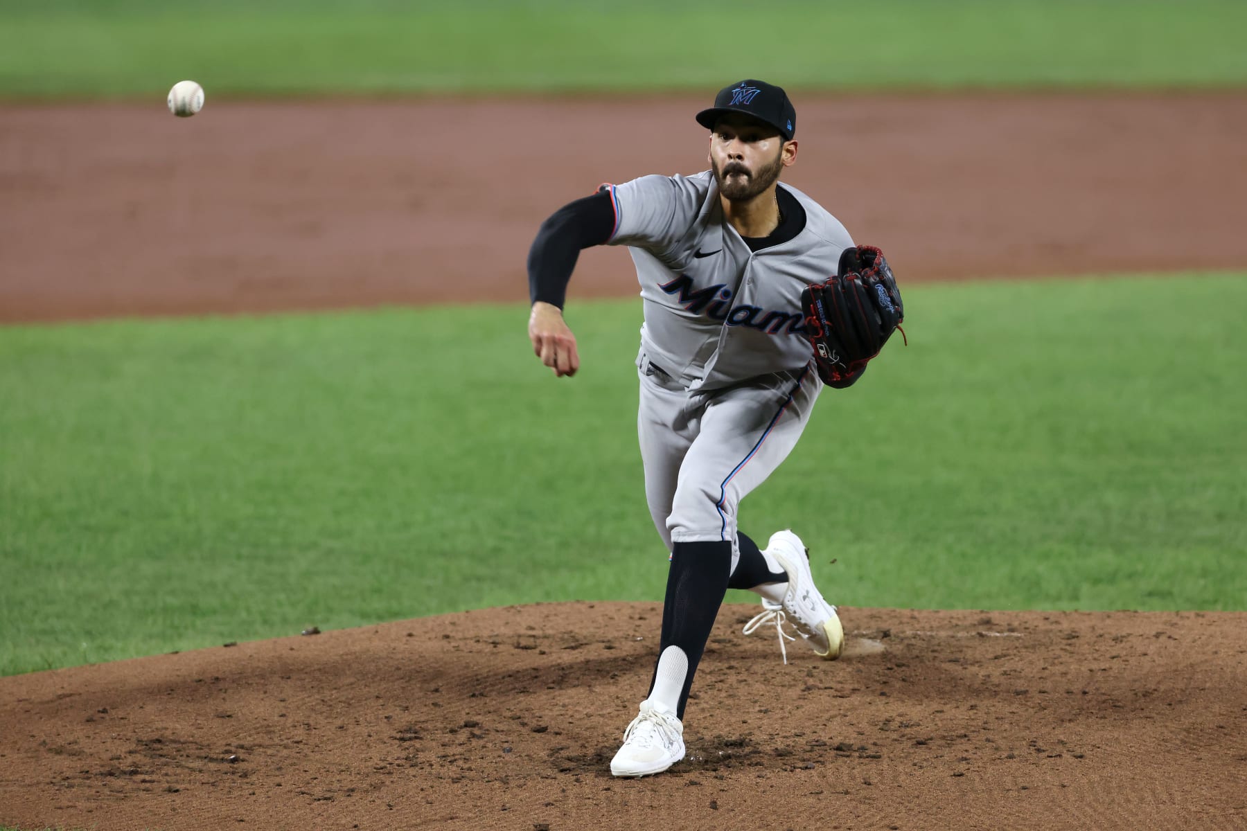 BALTIMORE, MARYLAND - AUGUST 04: Starting pitcher Pablo Lopez #49 of the Miami Marlins throws to a Baltimore Orioles batter in the second inning at Oriole Park at Camden Yards on August 04, 2020 in Baltimore, Maryland. (Photo by Rob Carr/Getty Images)