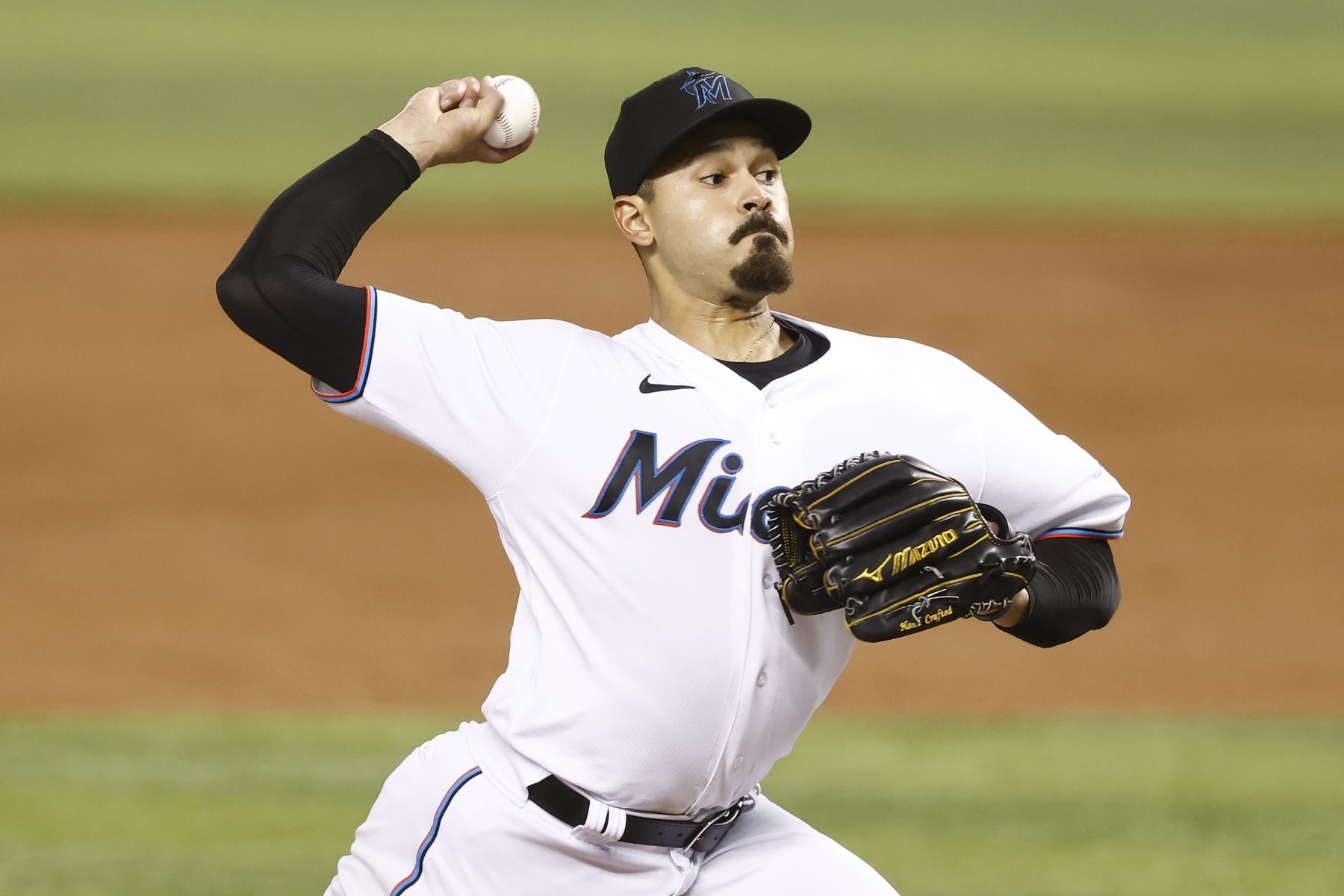 MIAMI, FLORIDA - JULY 06: Pablo Lopez #49 of the Miami Marlins delivers a pitch against the Los Angeles Dodgers during the first inning at loanDepot park on July 06, 2021 in Miami, Florida. (Photo by Michael Reaves/Getty Images)