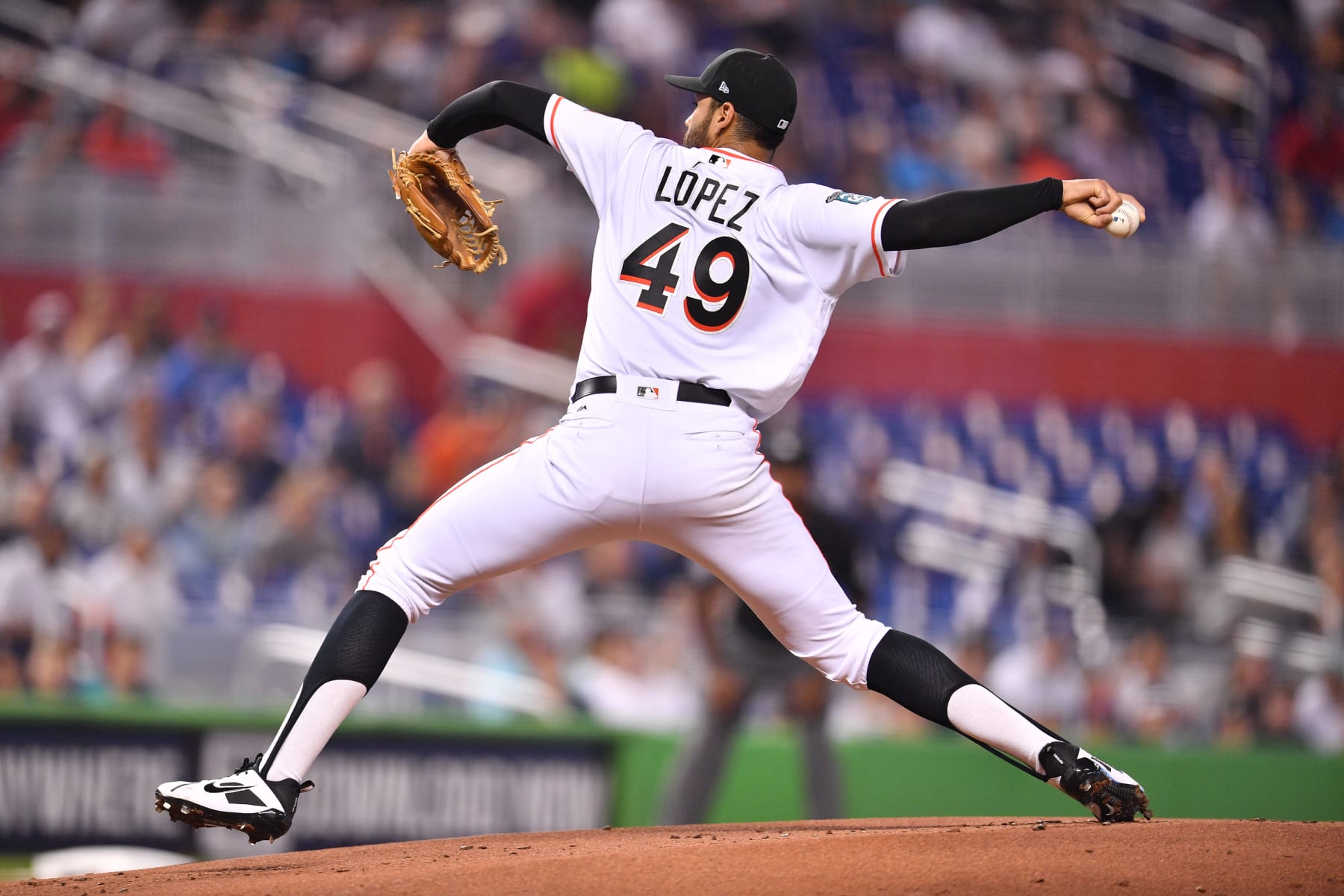MIAMI, FL - AUGUST 21: Pablo Lopez #49 of the Miami Marlins in action against the New York Yankees at Marlins Park on August 21, 2018 in Miami, Florida. (Photo by Mark Brown/Getty Images)