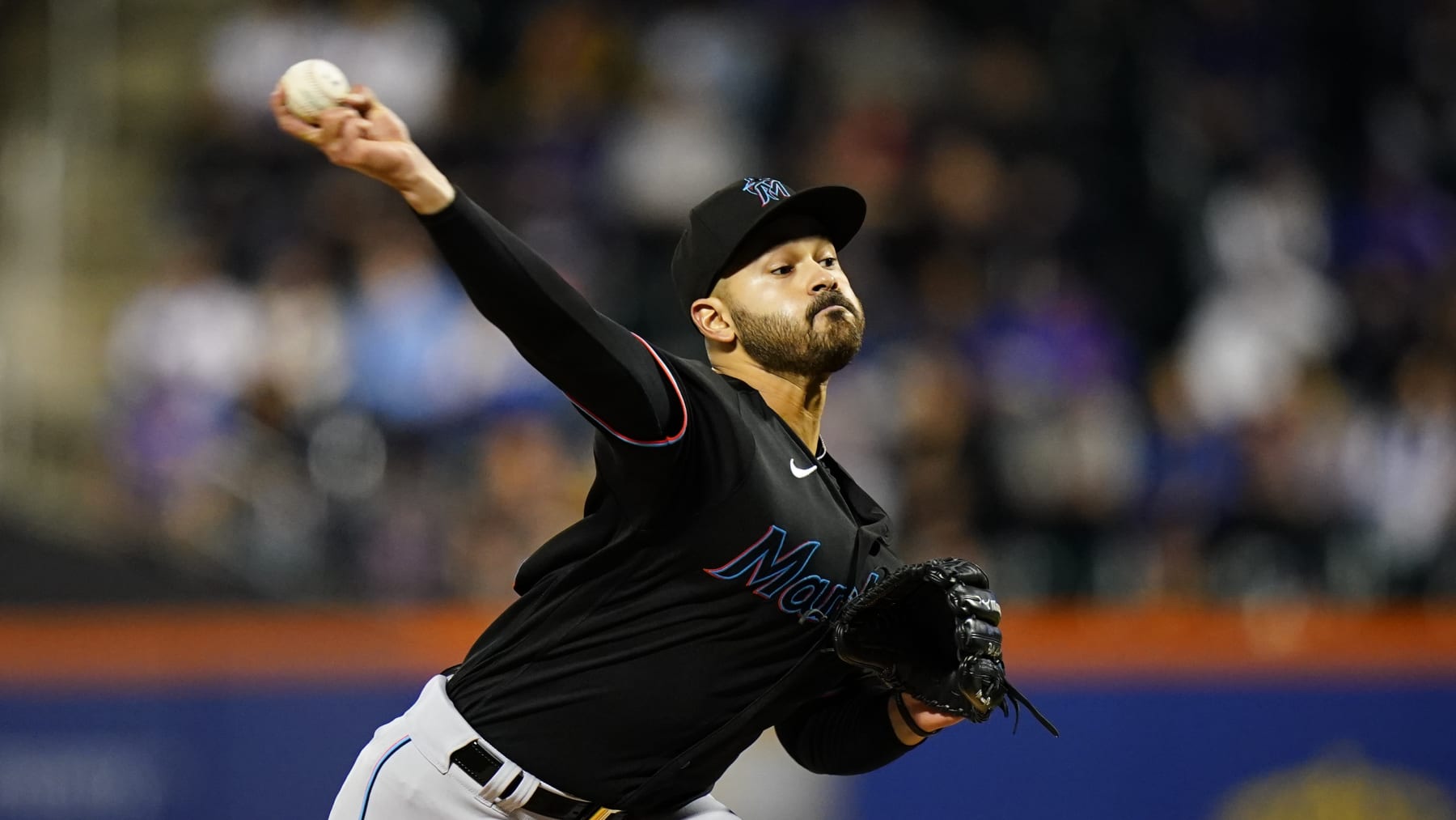 Miami Marlins' Pablo Lopez pitches during the first inning of a baseball game against the New York Mets Tuesday, Sept. 27, 2022, in New York. (AP Photo/Frank Franklin II)