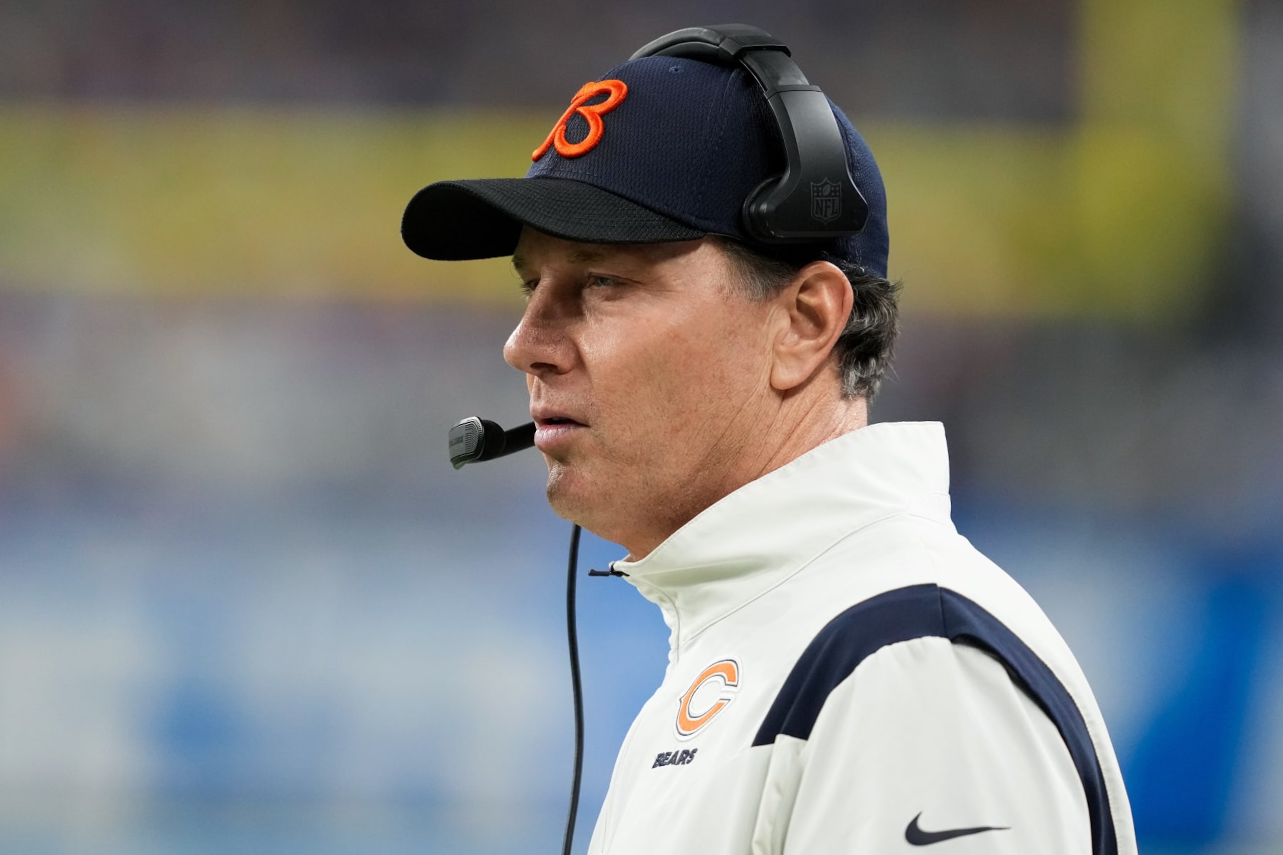 DETROIT, MICHIGAN - JANUARY 01: Head coach Matt Eberflus of the Chicago Bears looks on during the second half in the game against the Detroit Lions at Ford Field on January 01, 2023 in Detroit, Michigan. (Photo by Nic Antaya/Getty Images)