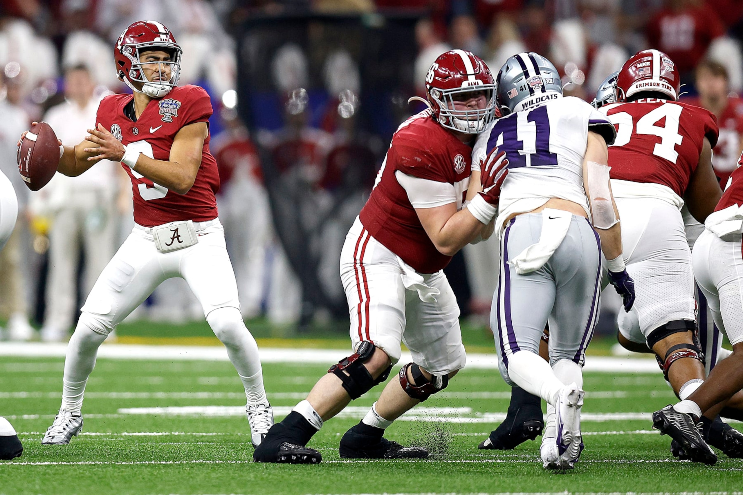 NEW ORLEANS, LOUISIANA - DECEMBER 31: Bryce Young #9 of the Alabama Crimson Tide looks to pass during the second quarter of the Allstate Sugar Bowl against the Kansas State Wildcats at Caesars Superdome on December 31, 2022 in New Orleans, Louisiana. (Photo by Sean Gardner/Getty Images)