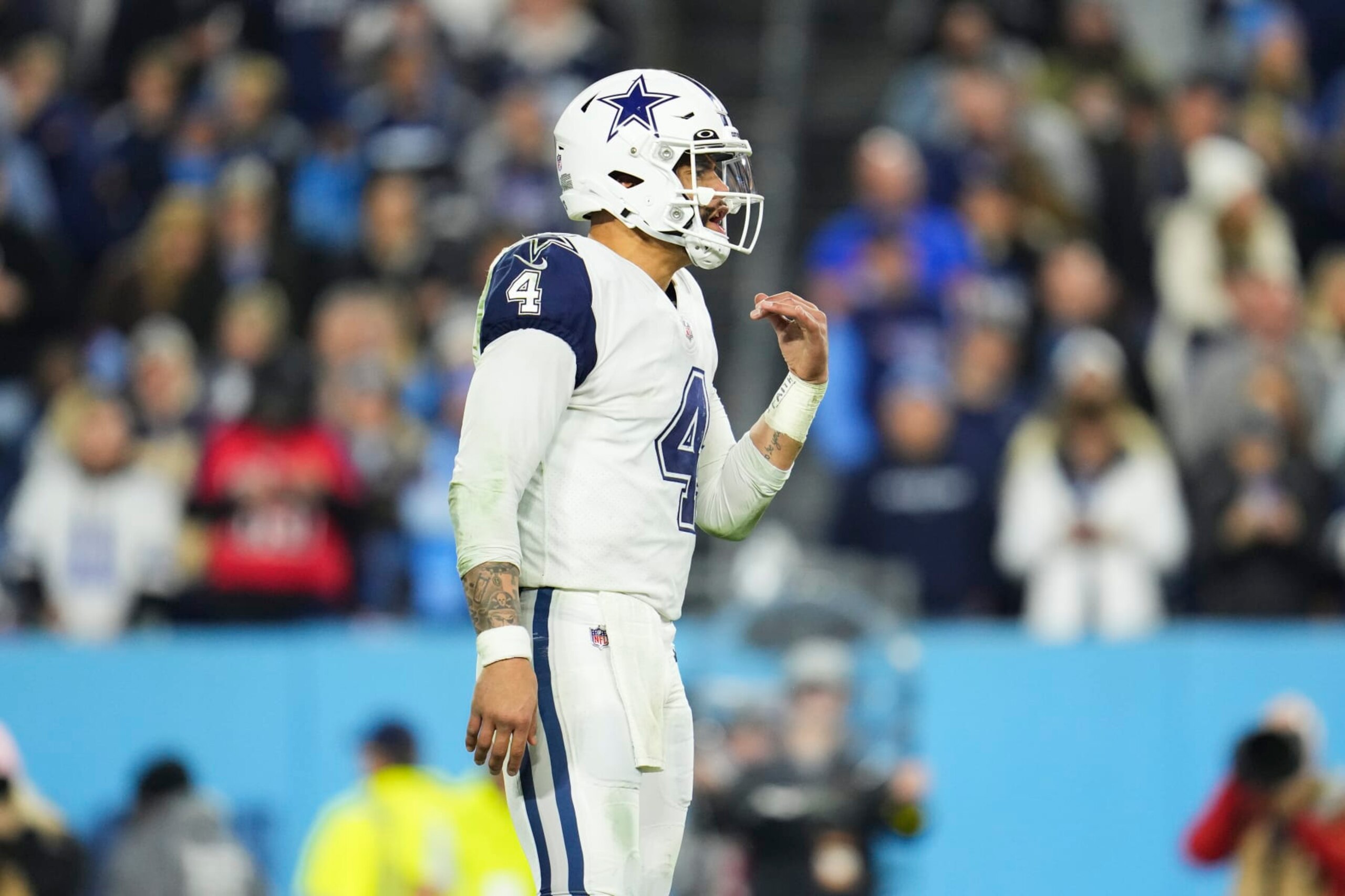 NASHVILLE, TN - DECEMBER 29: Dak Prescott #4 of the Dallas Cowboys motions against the Tennessee Titans at Nissan Stadium on December 29, 2022 in Nashville, Tennessee. (Photo by Cooper Neill/Getty Images)