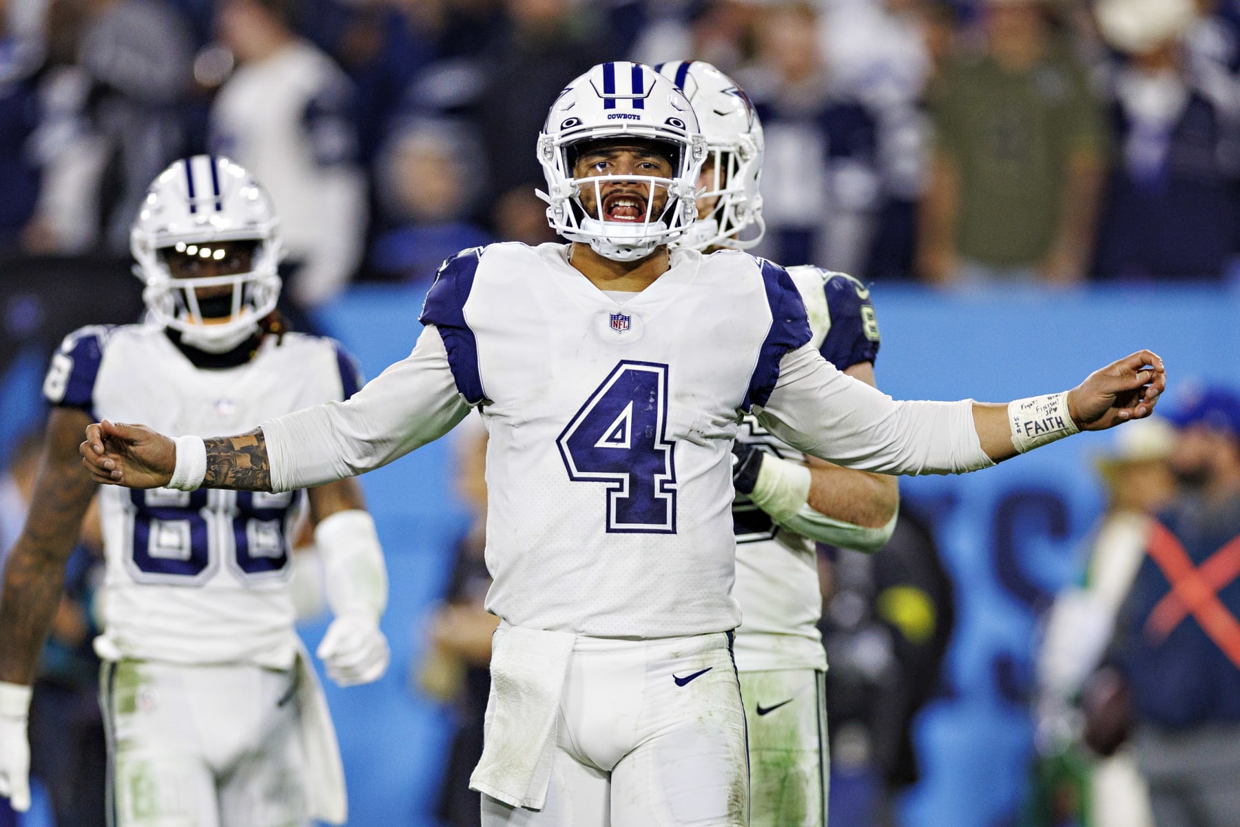 NASHVILLE, TENNESSEE - DECEMBER 29:  Dak Prescott #4 of the Dallas Cowboys on the field during a game against the Tennessee Titans at Nissan Stadium on December 29, 2022 in Nashville, Tennessee. The Cowboys defeated the Titans 27-13. (Photo by Wesley Hitt/Getty Images)