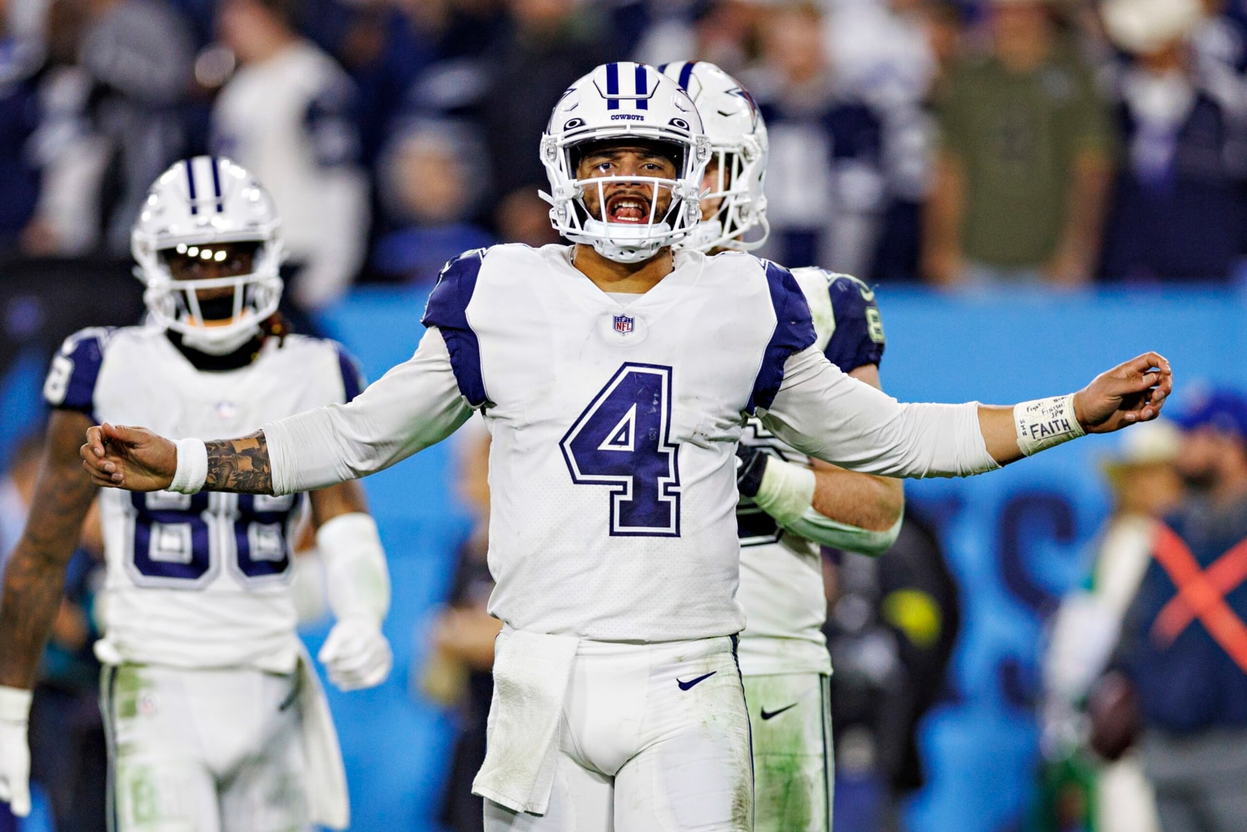 NASHVILLE, TENNESSEE - DECEMBER 29:  Dak Prescott #4 of the Dallas Cowboys on the field during a game against the Tennessee Titans at Nissan Stadium on December 29, 2022 in Nashville, Tennessee. The Cowboys defeated the Titans 27-13. (Photo by Wesley Hitt/Getty Images)