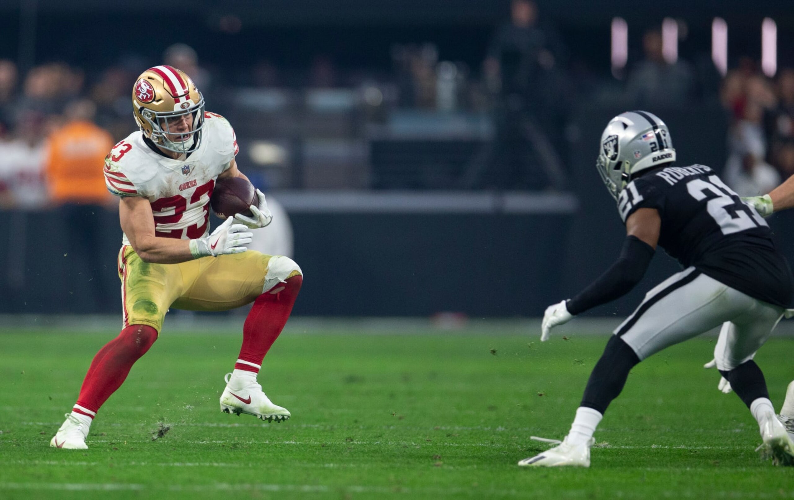 LAS VEGAS, NV - JANUARY 1: Christian McCaffrey #23 of the San Francisco 49ers rushes during the game against the Las Vegas Raiders at Allegiant Stadium on January 1, 2023 in Las Vegas, Nevada. The 49ers defeated the Raiders 37-34. (Photo by Michael Zagaris/San Francisco 49ers/Getty Images)
