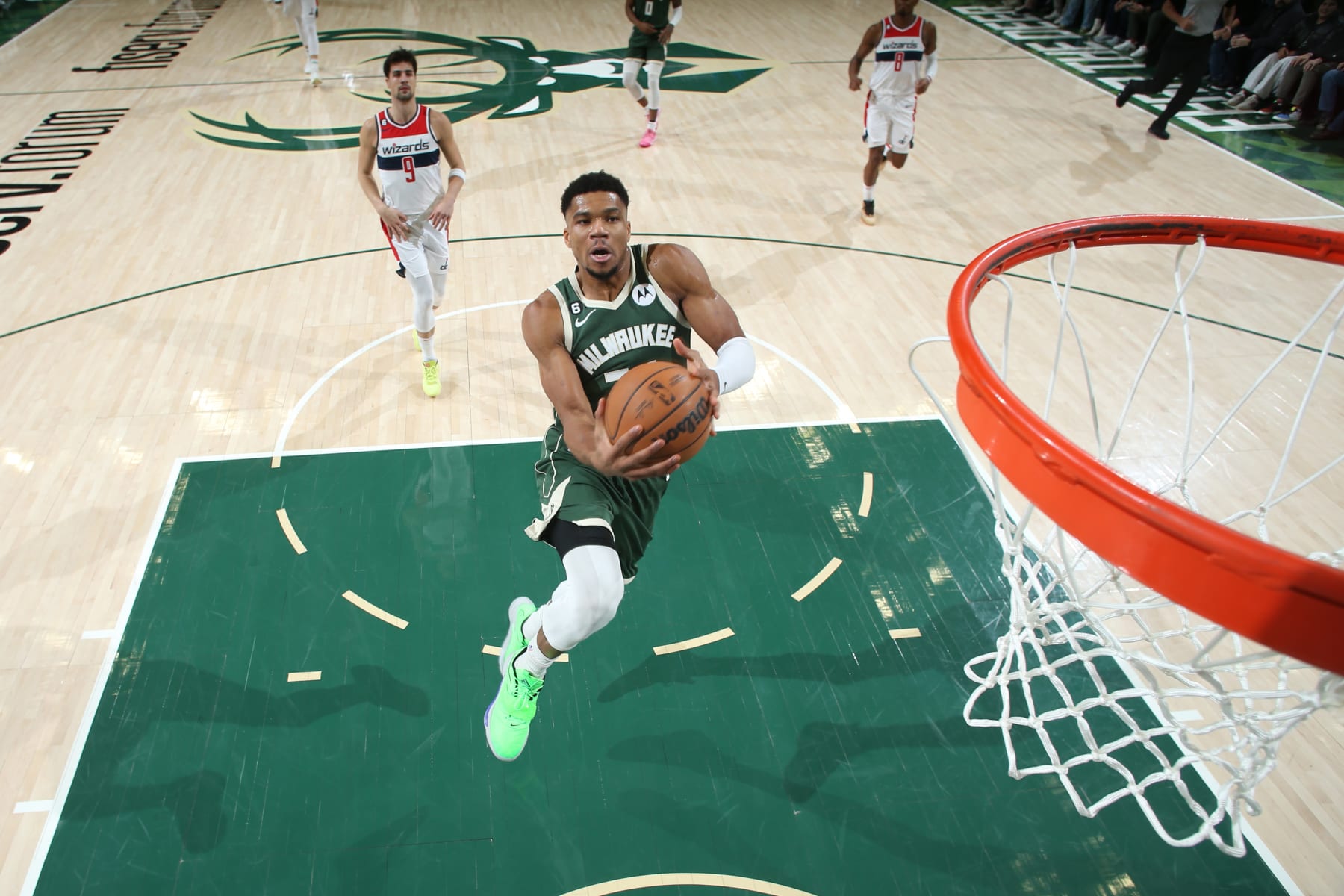 MILWAUKEE, WI - JANUARY 3: Giannis Antetokounmpo #34 of the Milwaukee Bucks drives to the basket during the game against the Washington Wizards on January 3, 2023 at the Fiserv Forum Center in Milwaukee, Wisconsin. NOTE TO USER: User expressly acknowledges and agrees that, by downloading and or using this Photograph, user is consenting to the terms and conditions of the Getty Images License Agreement. Mandatory Copyright Notice: Copyright 2023 NBAE (Photo by Gary Dineen/NBAE via Getty Images).